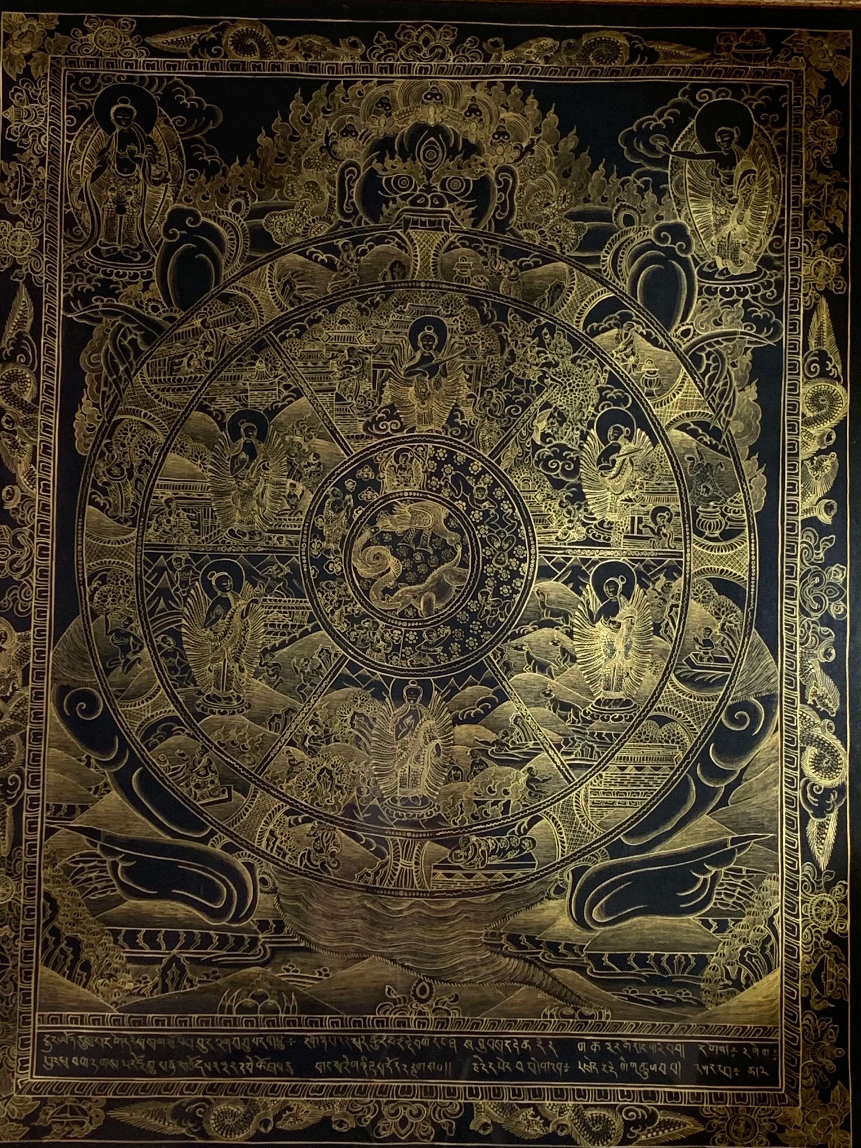 This wheel of life thangka is hand painted on canvas with 24k gold. The contrast of yellow gold on black with broad golden frame makes it a stunning art. The artist has painstakingly painted every detail work to make it a desirable piece of art.
The