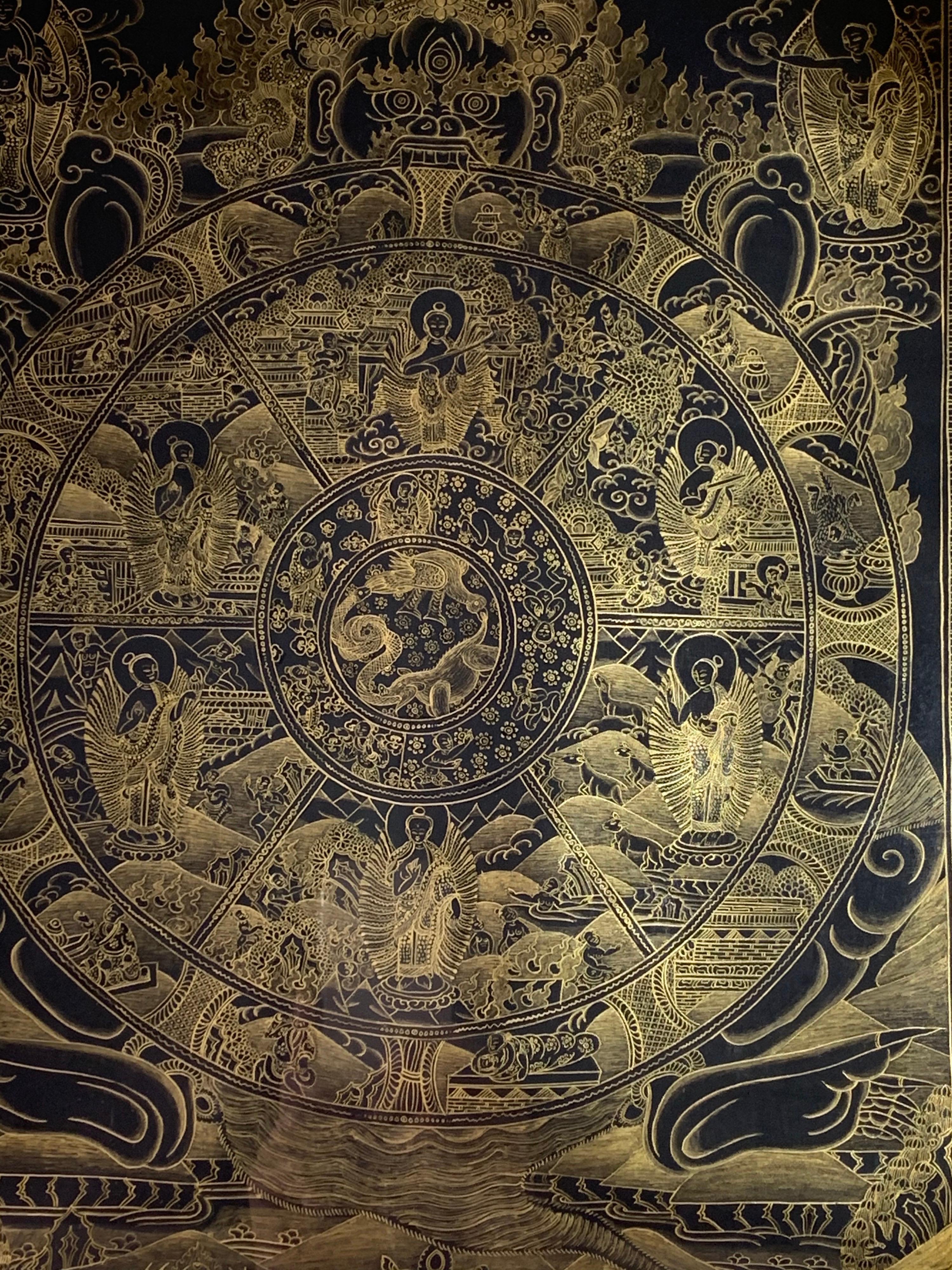Framed Hand Painted Original Wheel of Life Thangka with 24K Gold On Canvas For Sale 1