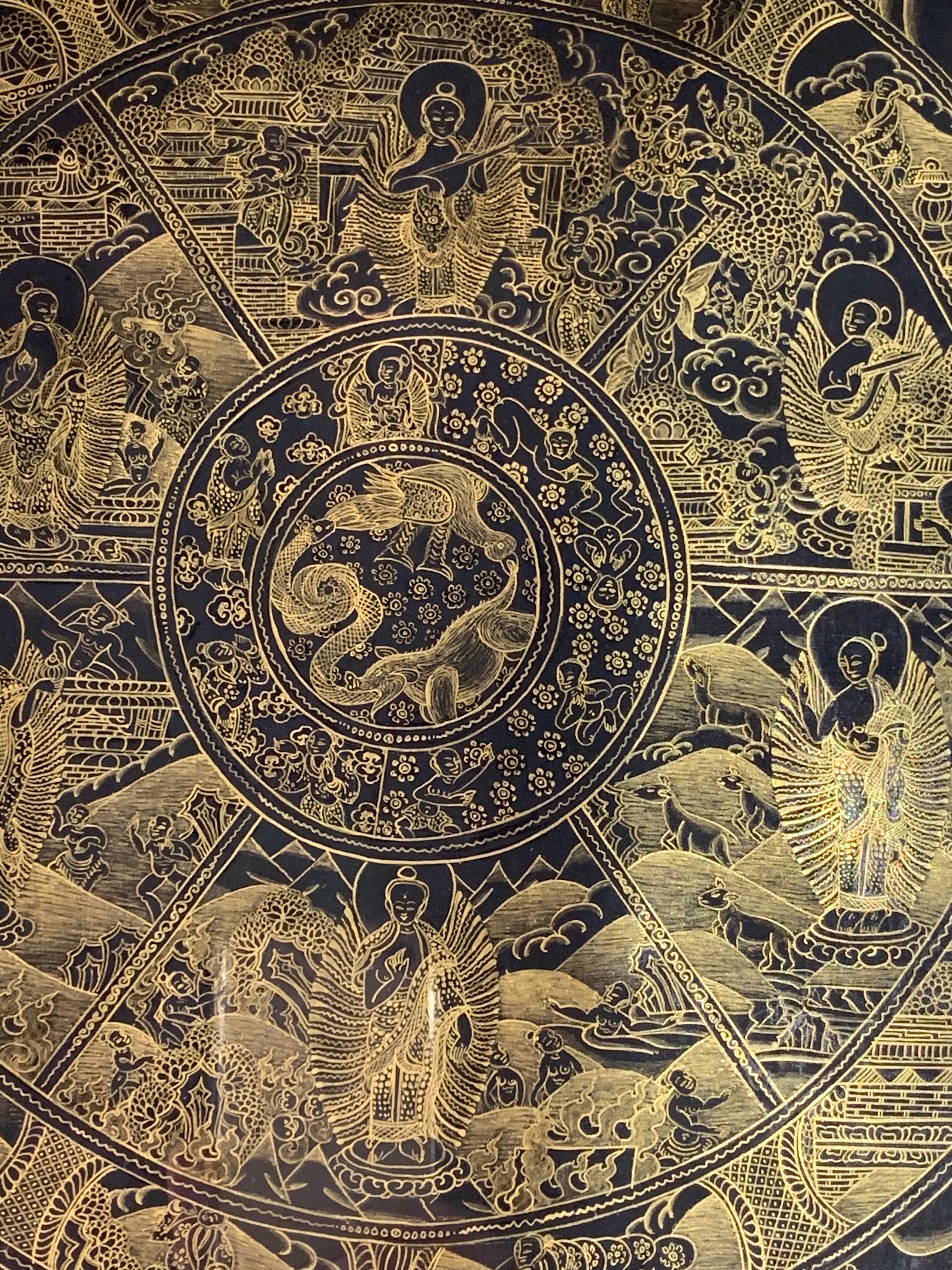 Thangka originale roue de vie encadré et peint à la main avec or 24 carats sur toile en vente 5