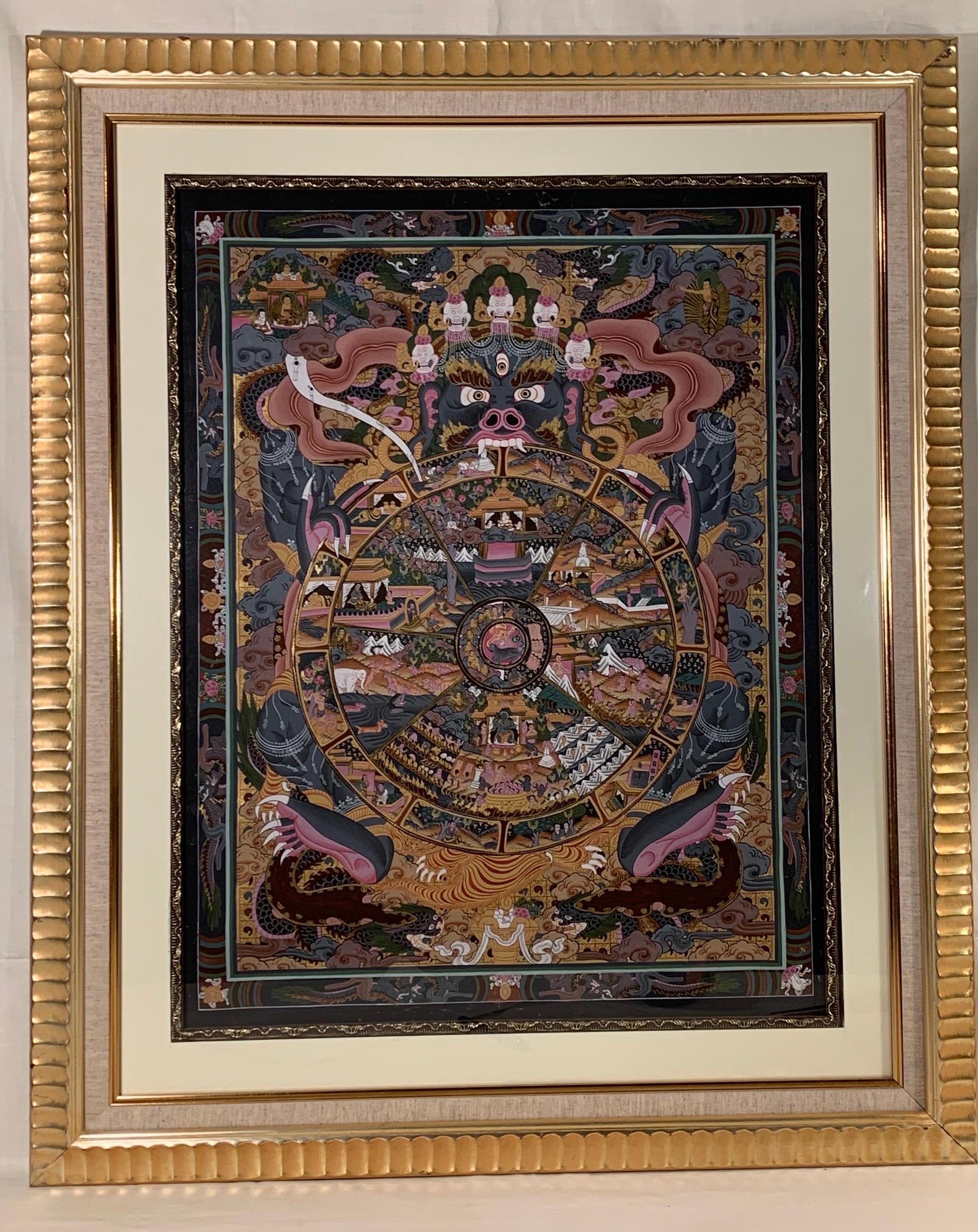 Framed Hand Painted Original Wheel of Life Thangka with 24K Gold on Canvas - Mixed Media Art by Unknown