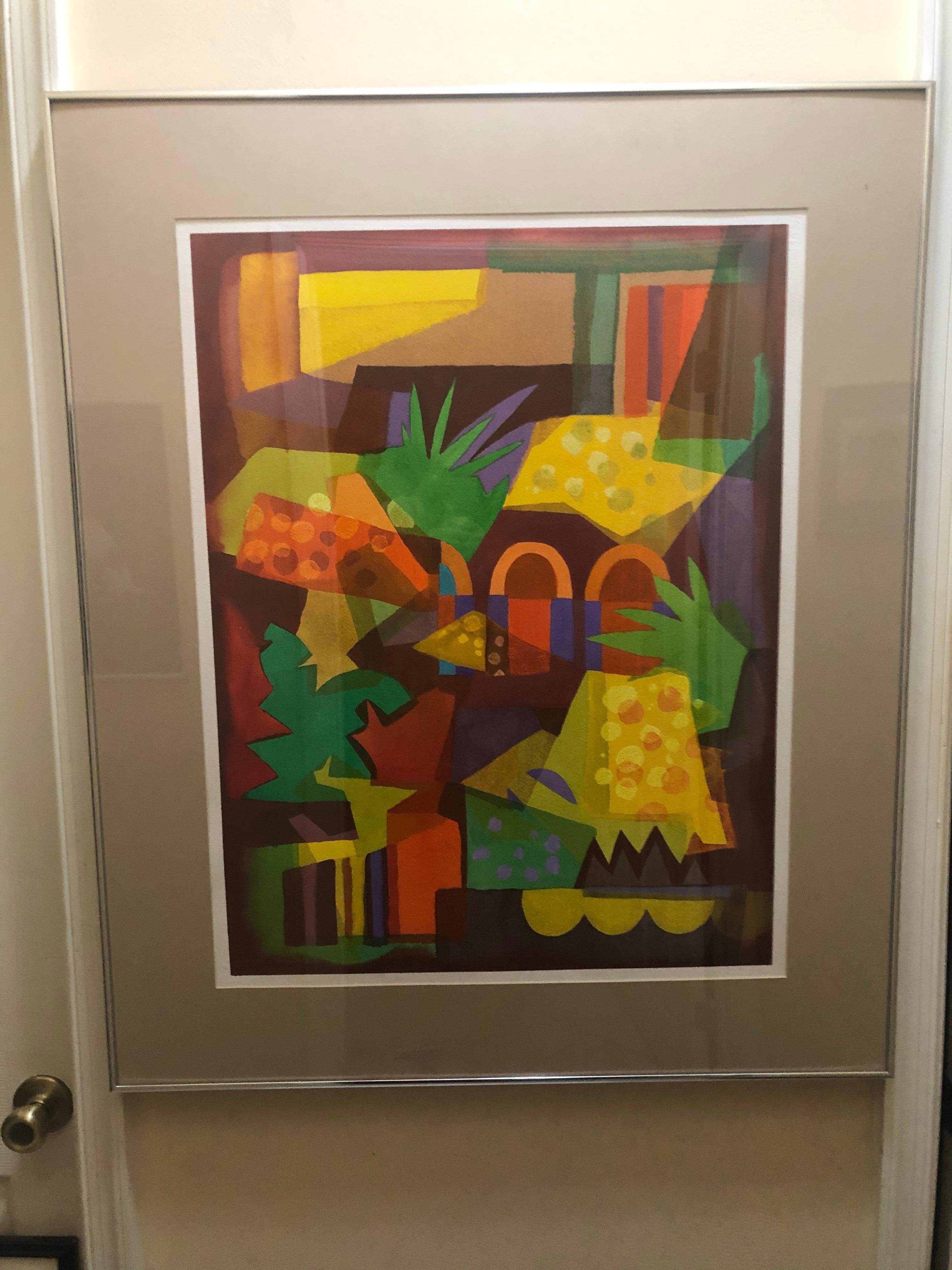 Frank Goodnow: 1923-2004. Aufgeführter amerikanischer Künstler und Professor an der Syracuse University. Prächtige Farben in diesem selten erhältlichen Gemälde von Frank Goodnow. Es ist im kubistischen Stil gehalten. Es misst 27 Zoll hoch durch 21