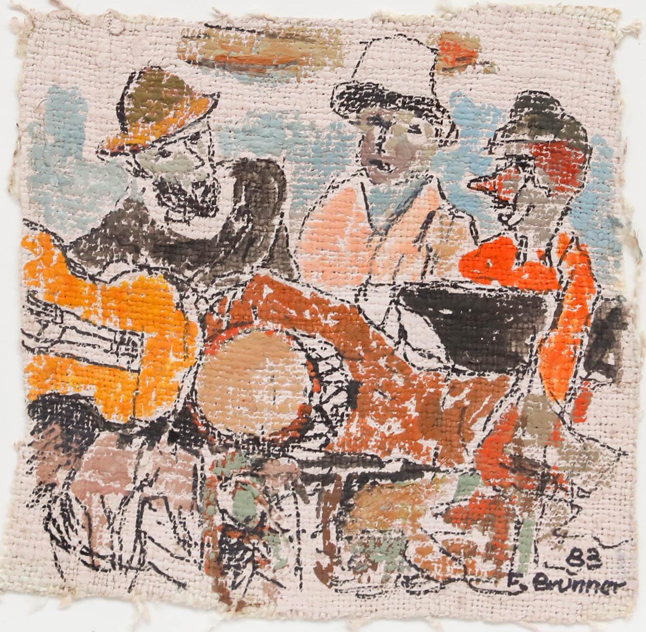 Cette œuvre d'art mixte vibrante de Fritz Brunner (1908-1996) capture l'énergie vive d'un ensemble musical. L'œuvre utilise un style libre et croquis, créant un sentiment de spontanéité et de mouvement.

Présenté dans un cadre à effet doré vieilli.