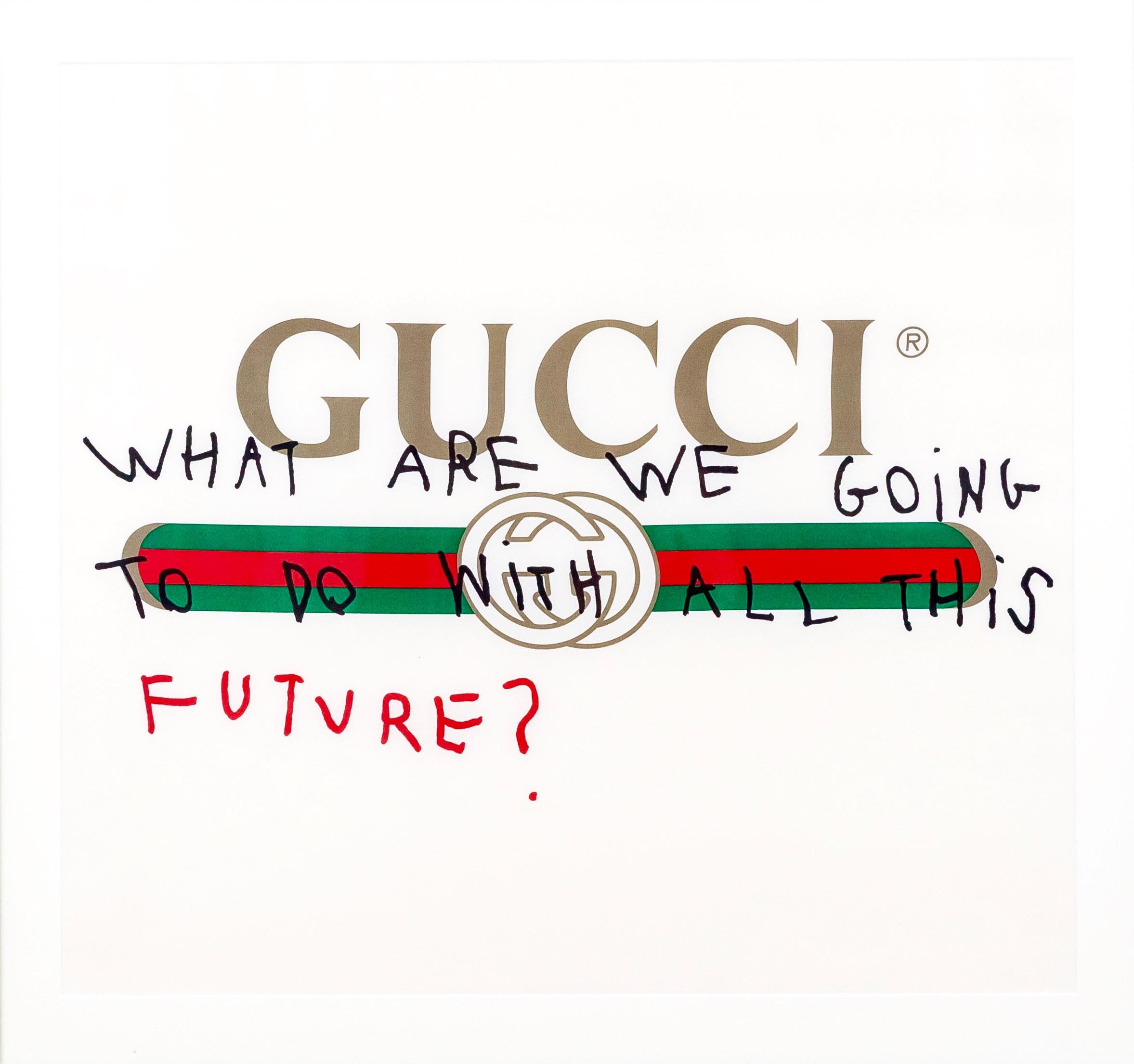 Gucci Coco Capitán logo silk scarf in bespoke frame

Winter 2017, artist Coco Capitán collaborated with Gucci on a special range of accessories and ready-to-wear that feature her signature phrases. The ironic and witty handwritten aphorisms appear
