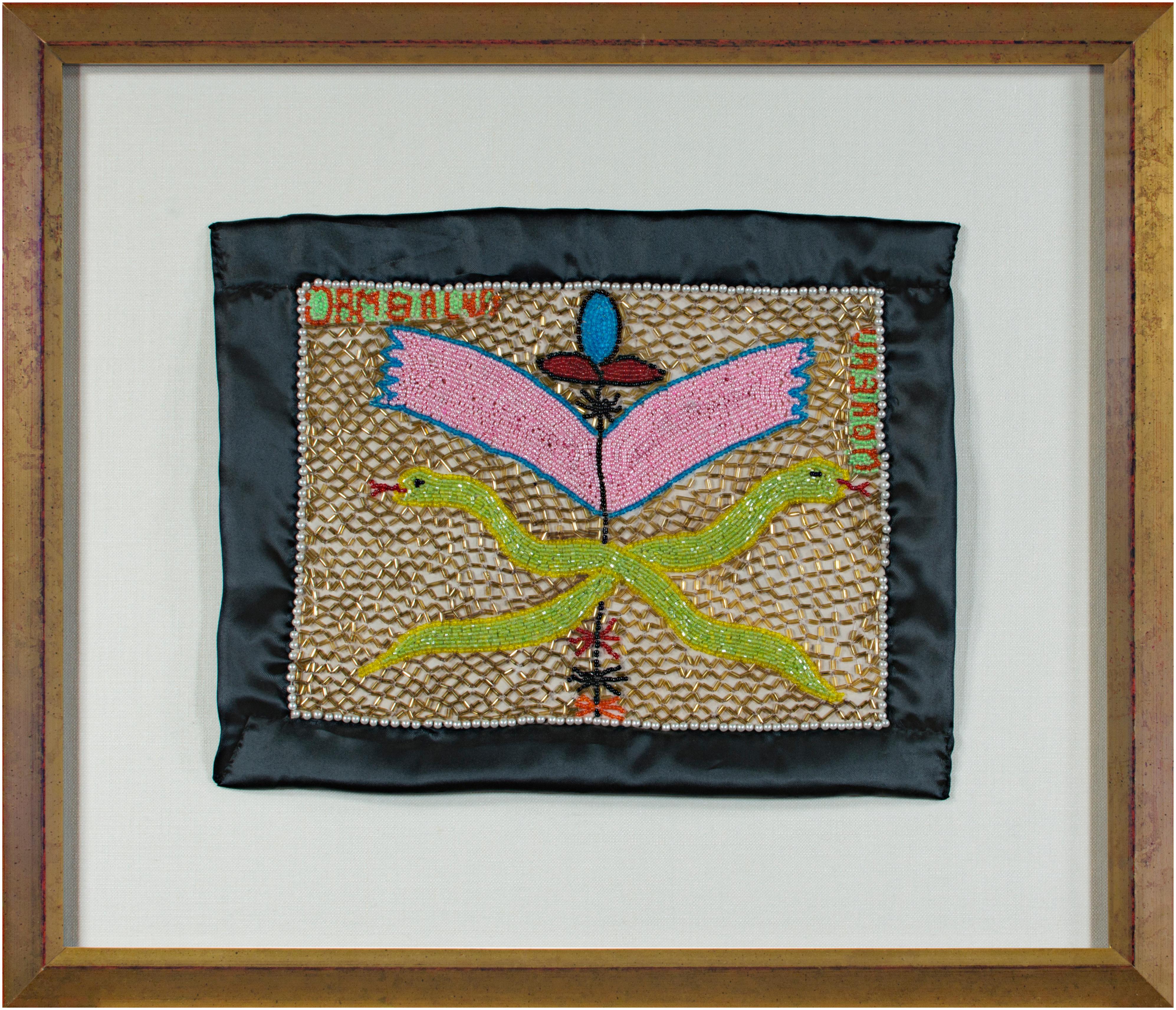 Unknown Haitian Voodoo Beaded Flag with Danbala signed 'Moreau' For