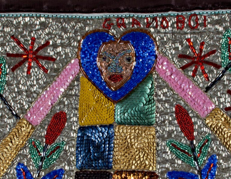 Unknown Haitian Voodoo Beaded Flag with Gran Bwa signed "Claude" For