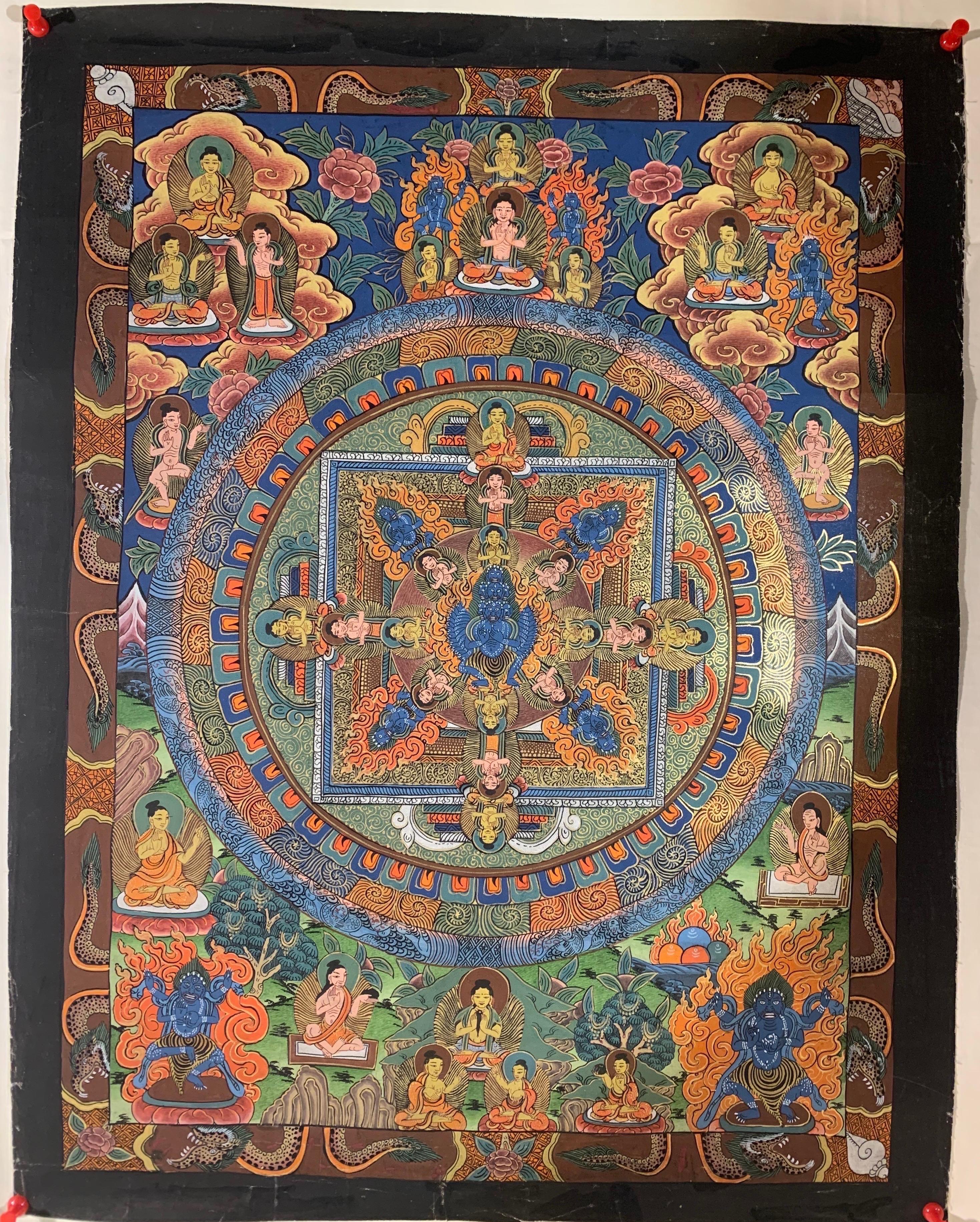 Hand Painted on Canvas with 24 Karat Gold Thangka  - Mixed Media Art by Unknown