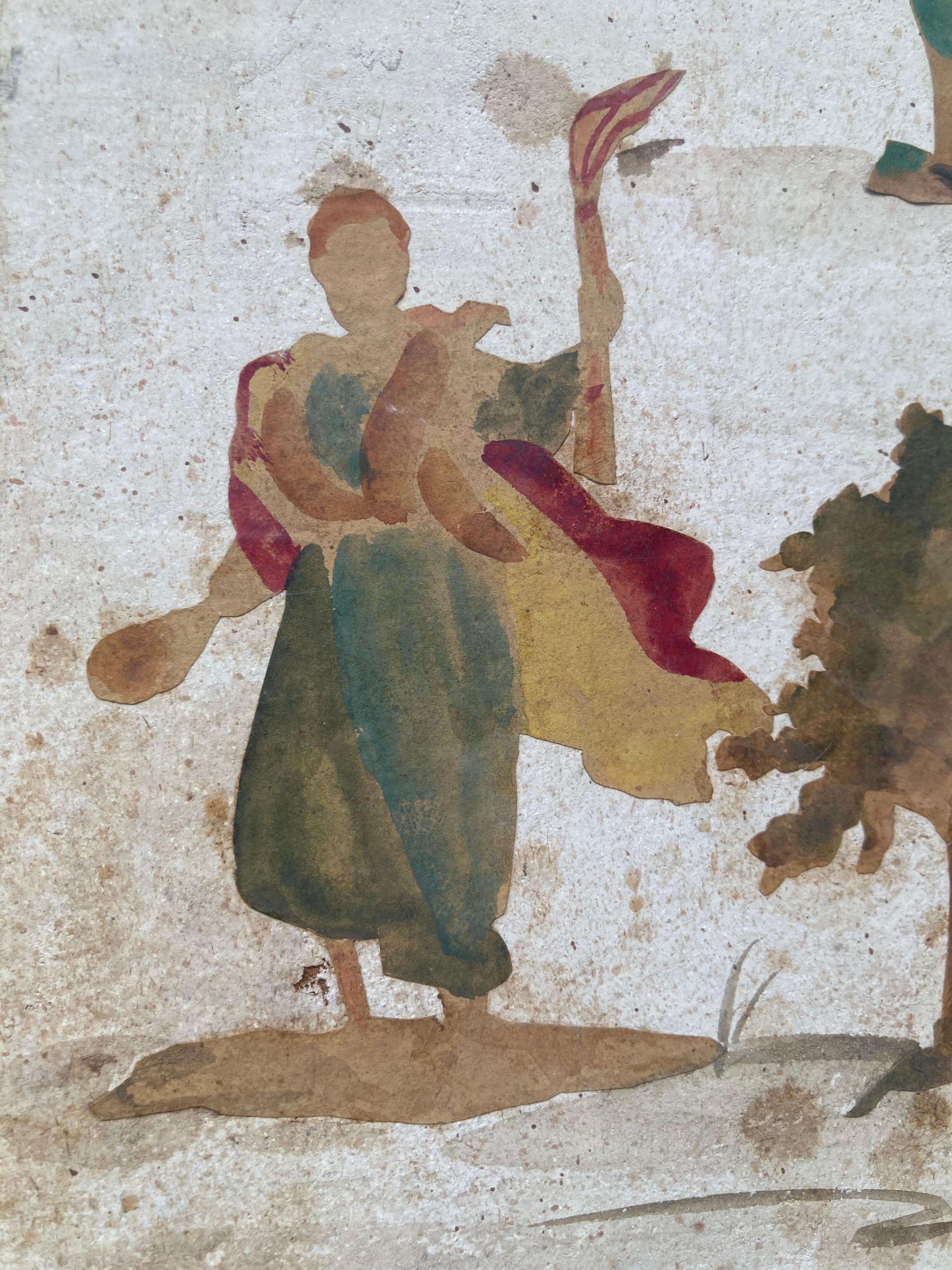 Pittura italiana a tecnica mista a guazzo tempera Set teatrale Costume silhouette 6