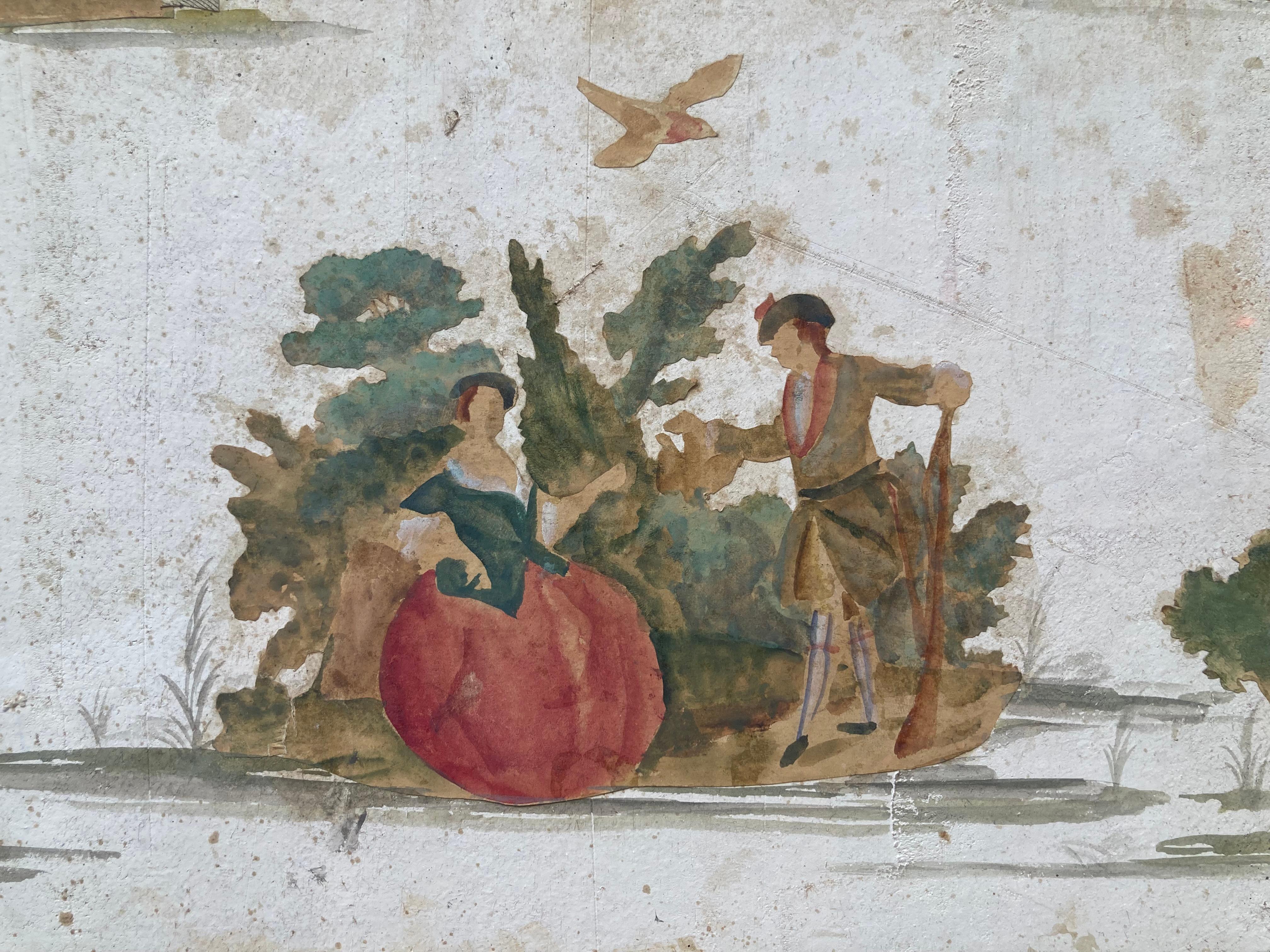 Pittura italiana a tecnica mista a guazzo tempera Set teatrale Costume silhouette 7