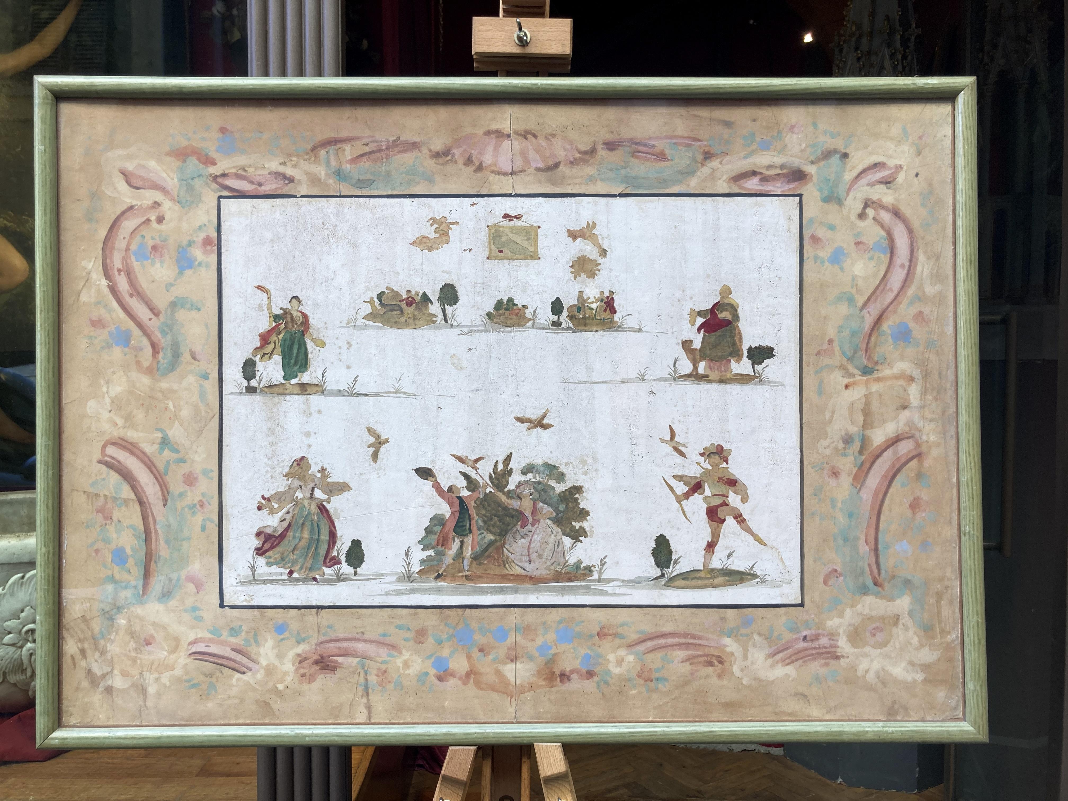 Cet ensemble de quatre peintures italiennes anciennes du XIXe siècle sur papier, réalisées à la main avec de la gouache, de la détrempe et de l'aquarelle, présente plusieurs silhouettes de personnages jouant dans une pièce de théâtre.
Ces œuvres