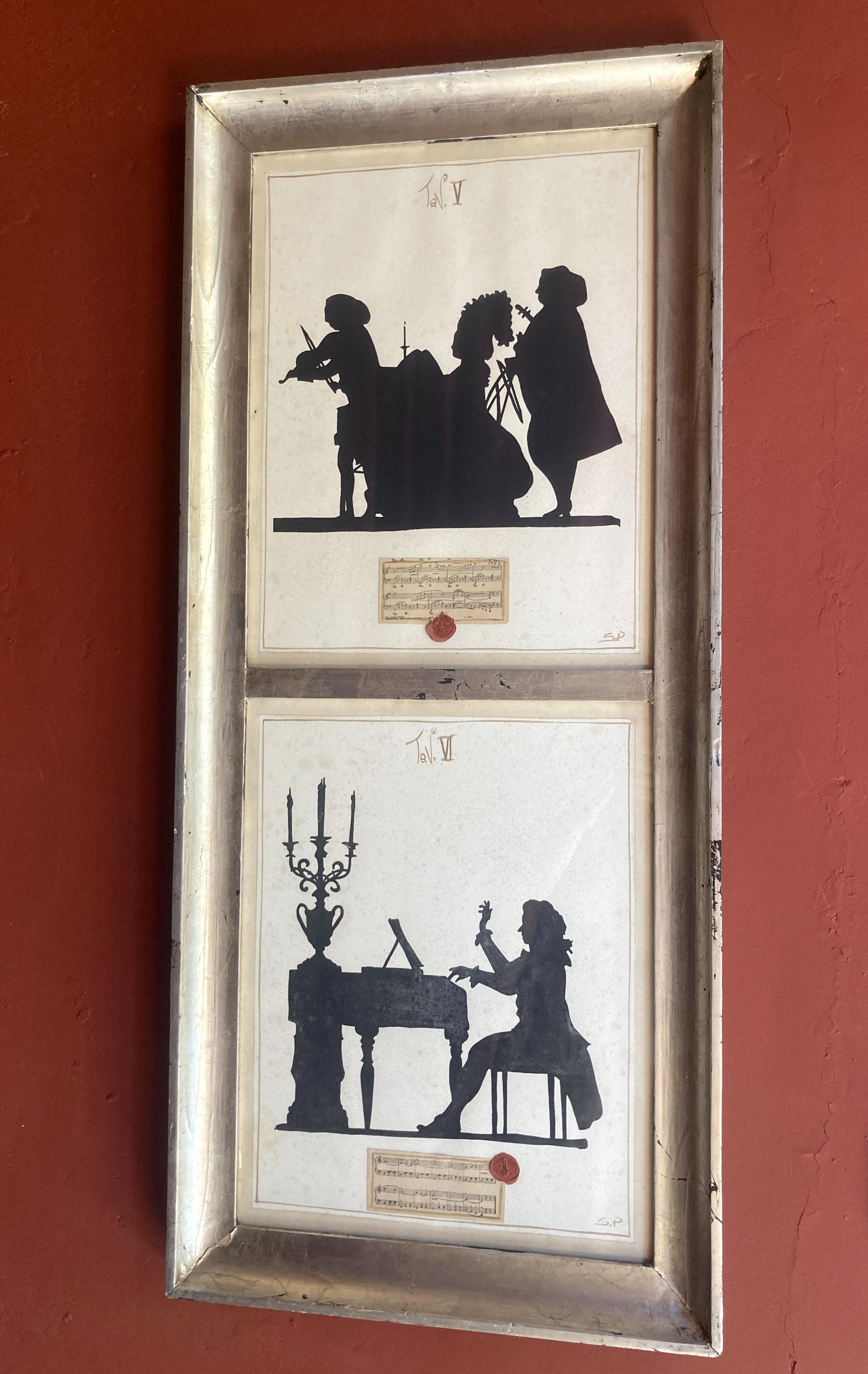 Two very pleasant musical themed silhouettes mixed media paintings. These lovely drawings are made of ink and watercolor on paper enriched by a musical score fixed with a red lacquer wax mold. One figure represents a string trio, the other a pianist