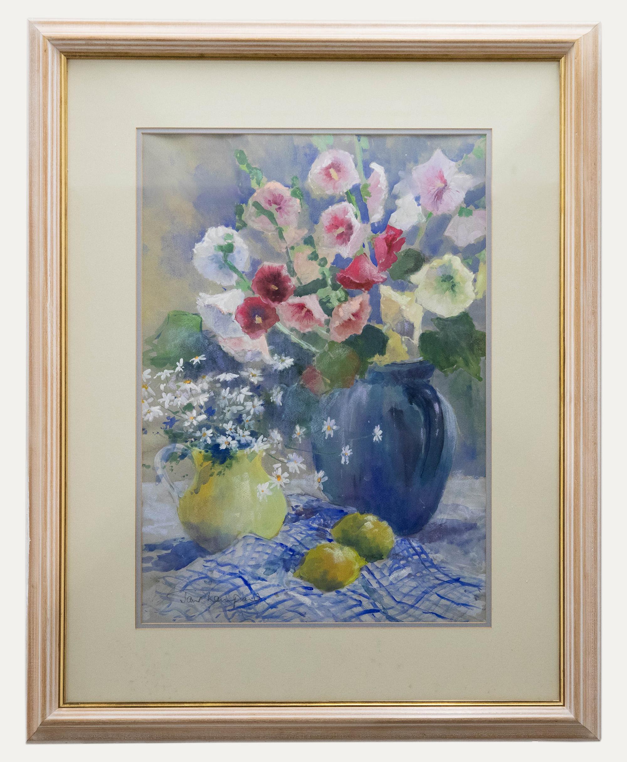 Jane Lampard - Framed Contemporary Mixed Media, Jugs of Flowers and Lemons - Mixed Media Art by Unknown