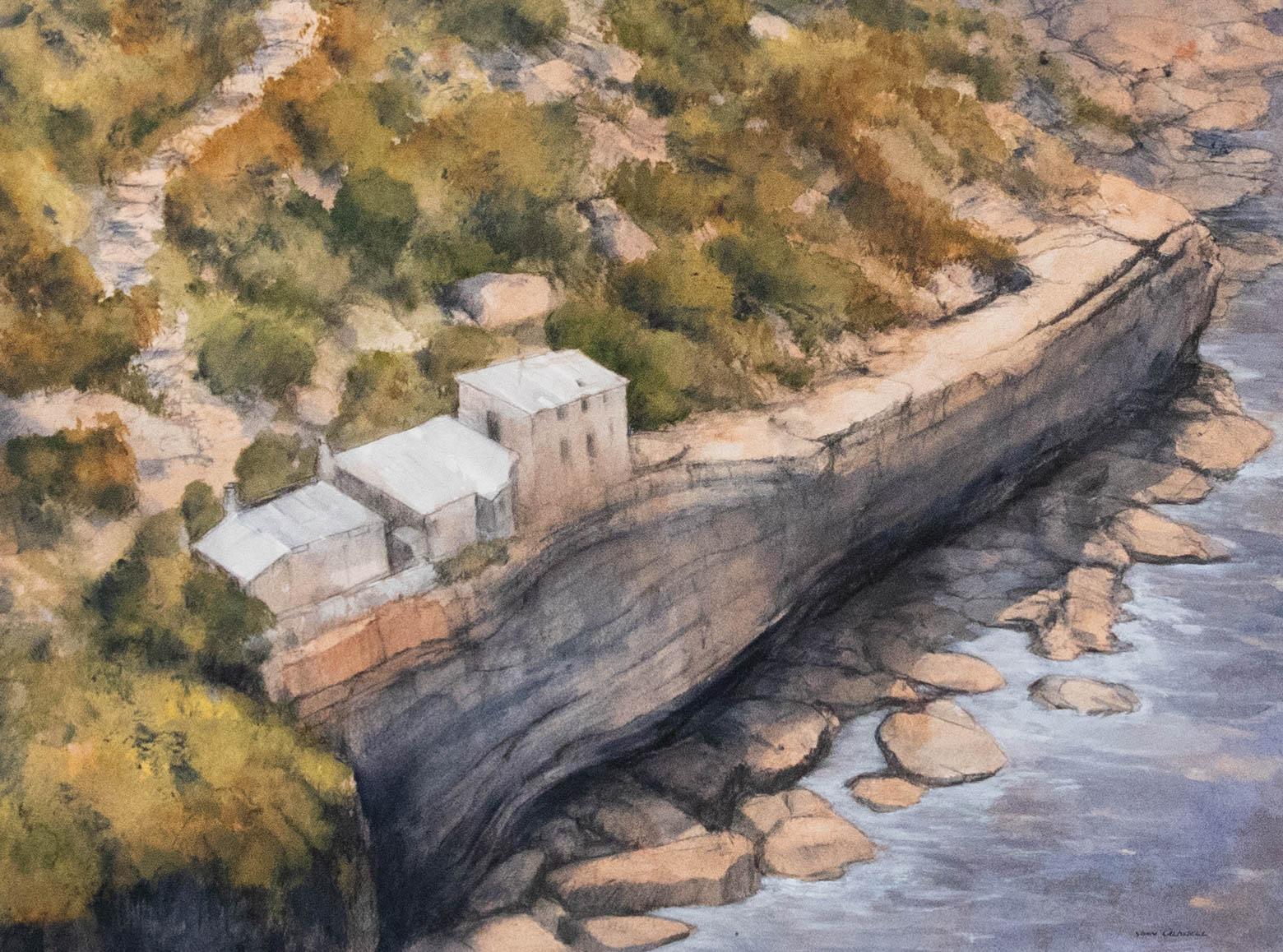 Une œuvre originale du célèbre artiste australien John Caldwell. Paysage à l'aquarelle et au fusain. Signé en bas à droite. Présenté dans un élégant cadre en bois. Non émaillé. Sur le papier.