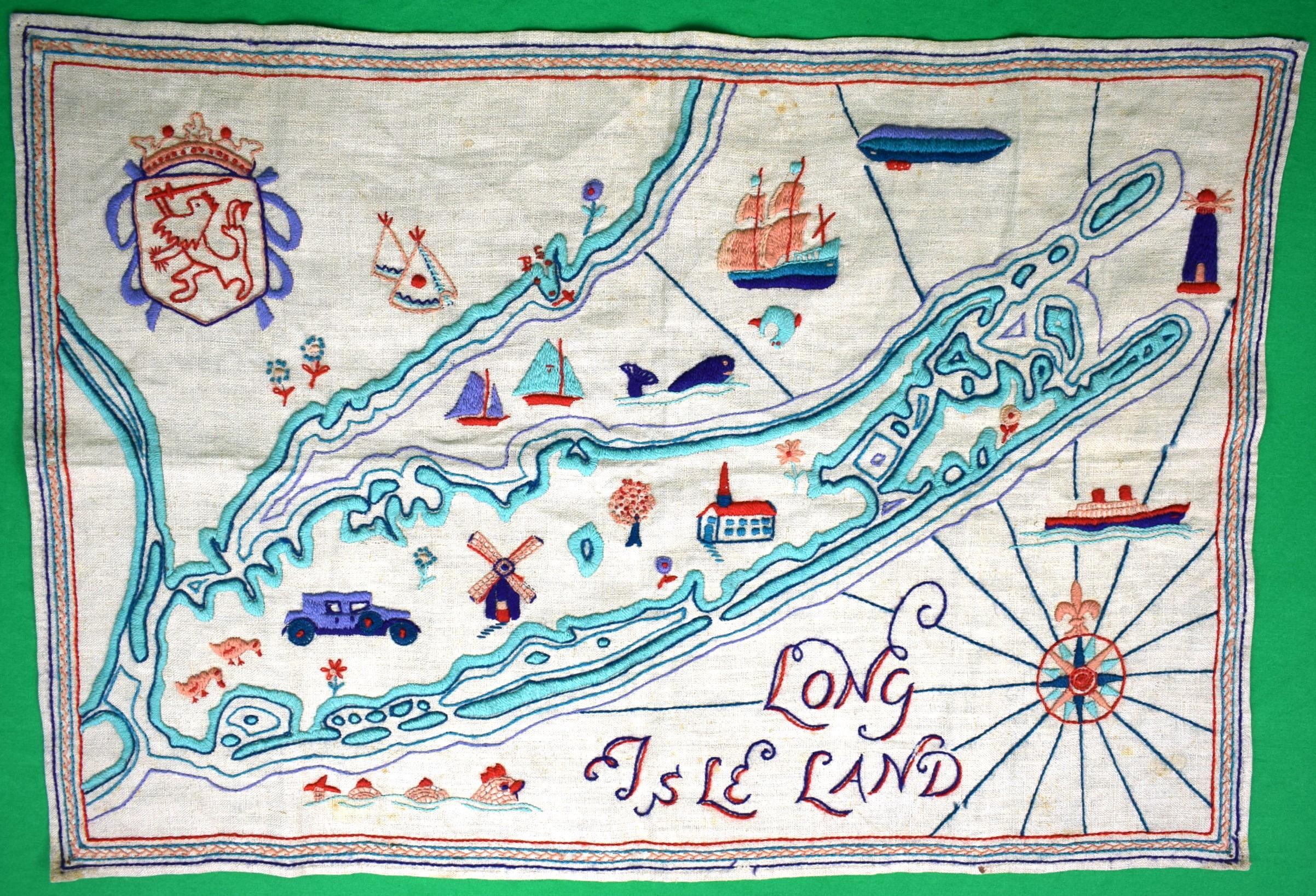 "Long Isle Land c1930s Crewelwork Linen Embroidered Map" - Mixed Media Art by Unknown