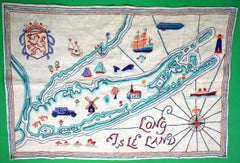 Vintage "Long Isle Land c1930s Crewelwork Linen Embroidered Map"