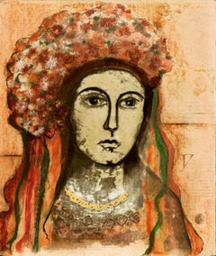 Vintage Madonna with Flowers - Mixed Media Portrait