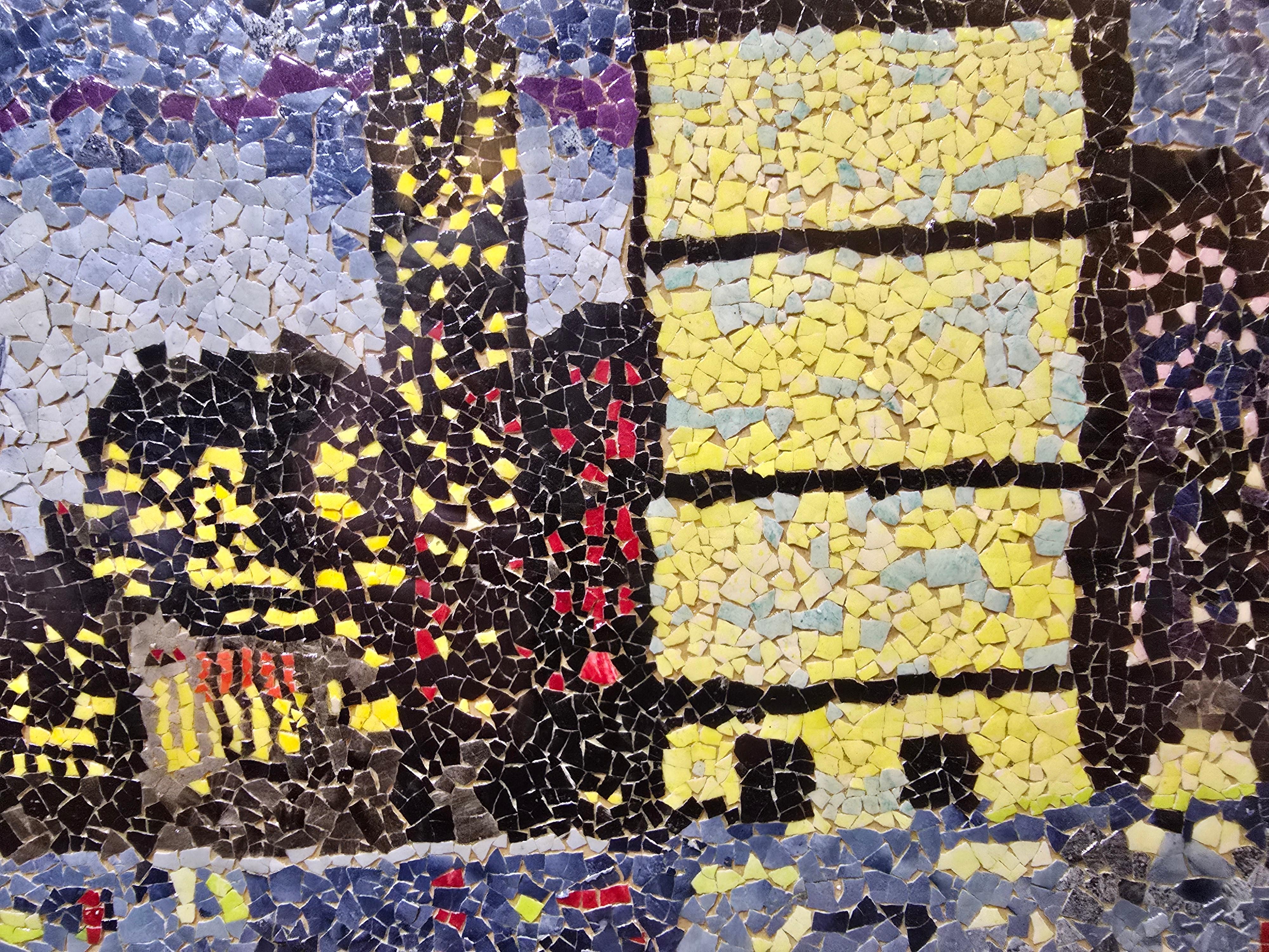 Fun and interesting eggshell mosaic of Manhattan at Sunset. Well matted and framed. Artist and title on label on the reverse. Winnifred Hubbell?