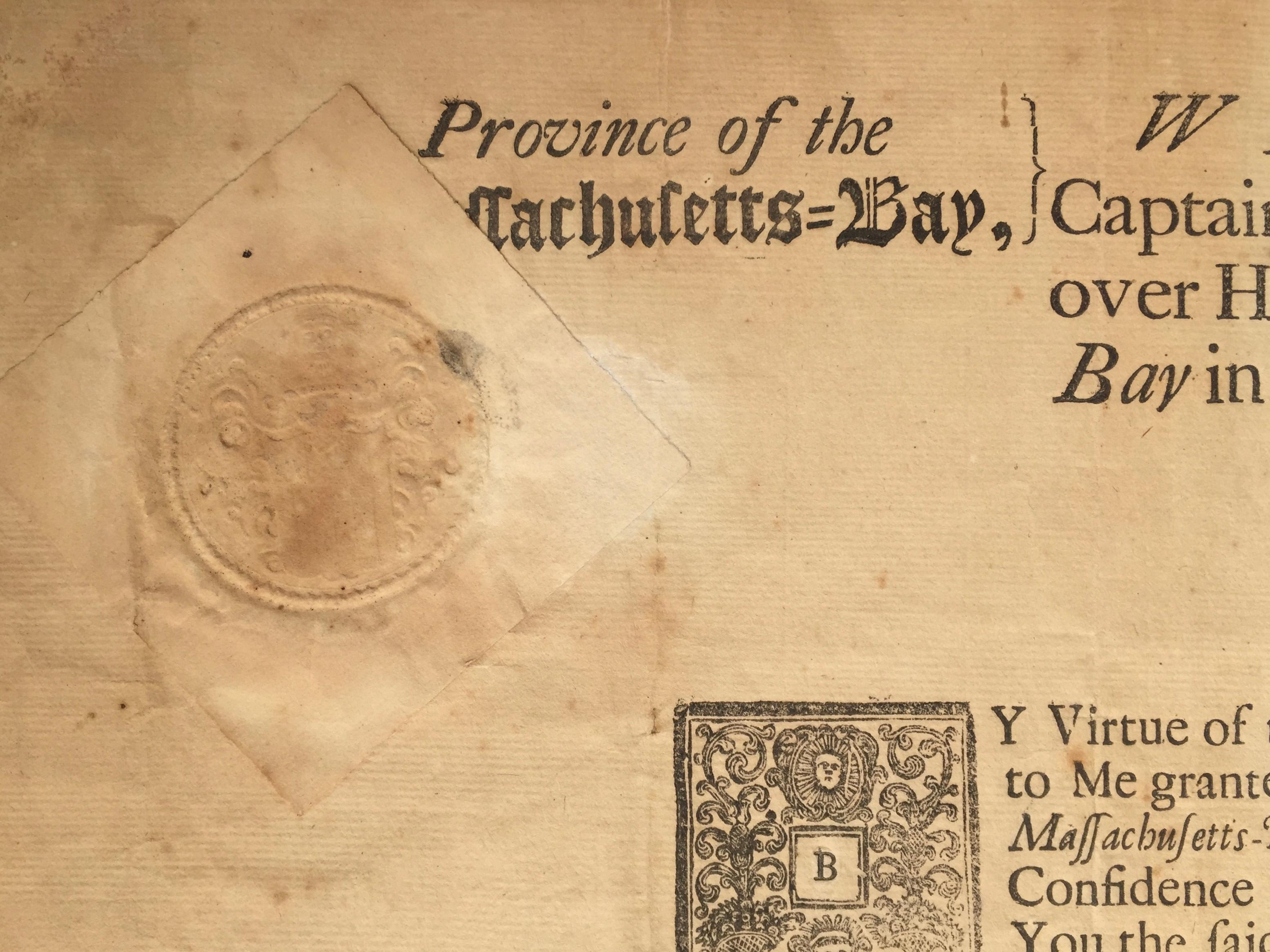 MASSACHUSETTS BAY COLONY, (Boston - 10. September 1754)
William Shirley (Generalkapitän und leitender Gouverneur)
Gedruckt und als Manuskript  Signiertes Dokument. 13 x 17