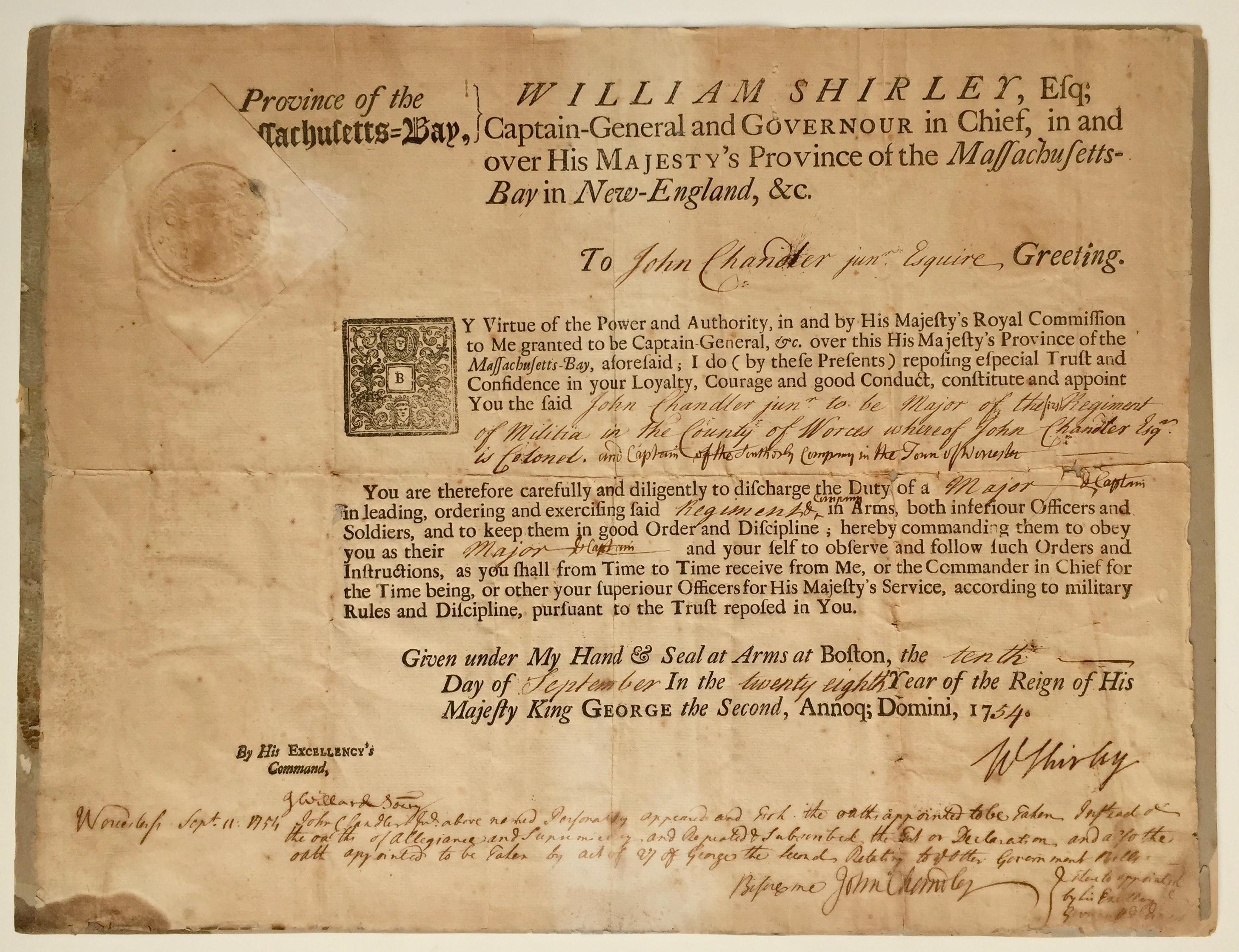 MASSACHUSETTS BAY COLONY DOCUMENT, 1754 Signed by Wm. Shirley - Mixed Media Art by Unknown