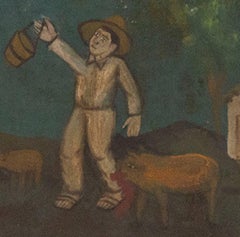 Mexican Retablo Exvotos - "Farmer Bitten by Boar" oil on tin