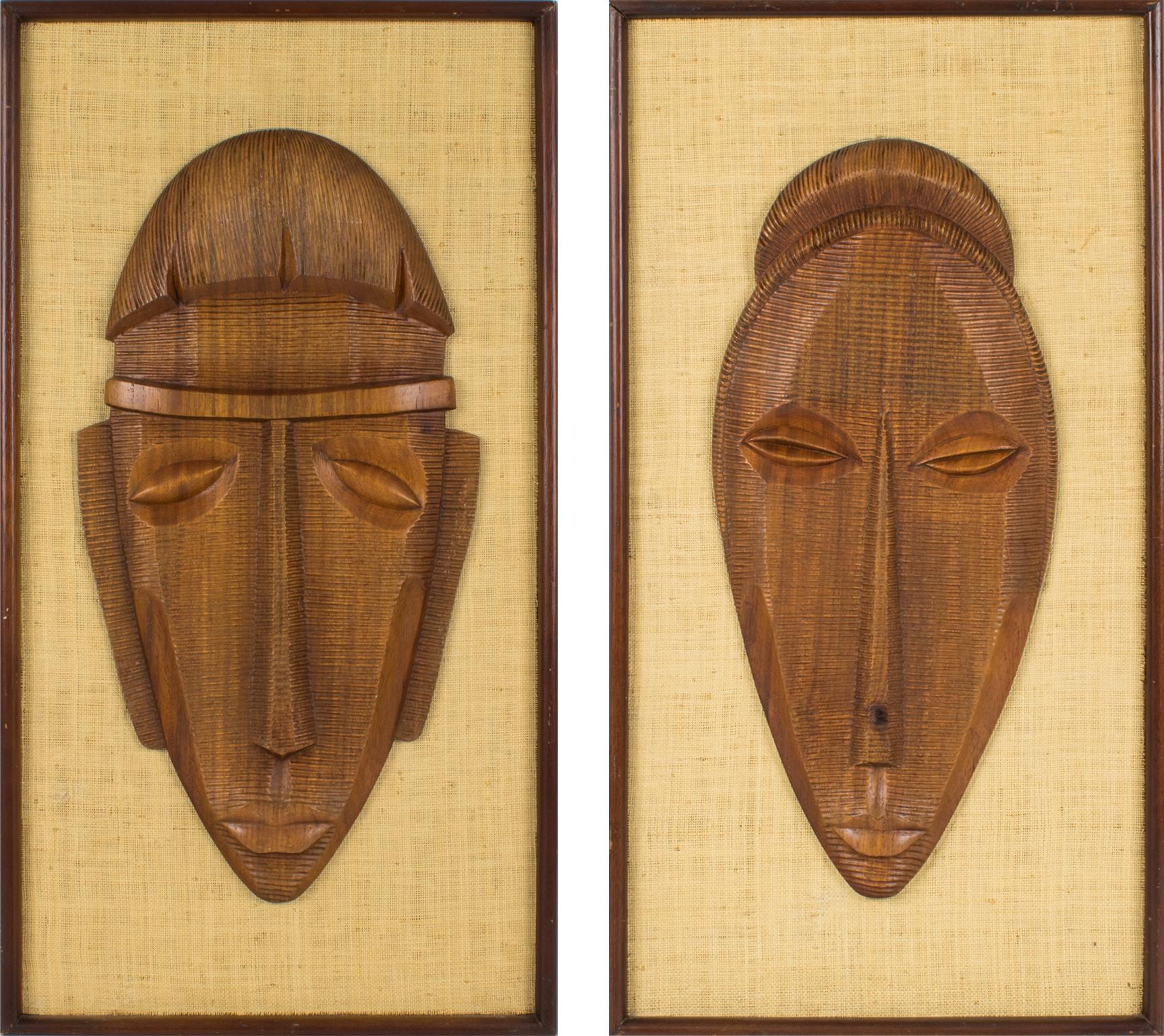 Unknown Figurative Sculpture - Mid-Century Carved Wood Relief Mask Wall Sculpture Panel, a pair