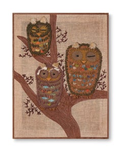Mid Century Modern Handstitched Owl Embroidered Textile Artwork 1960s