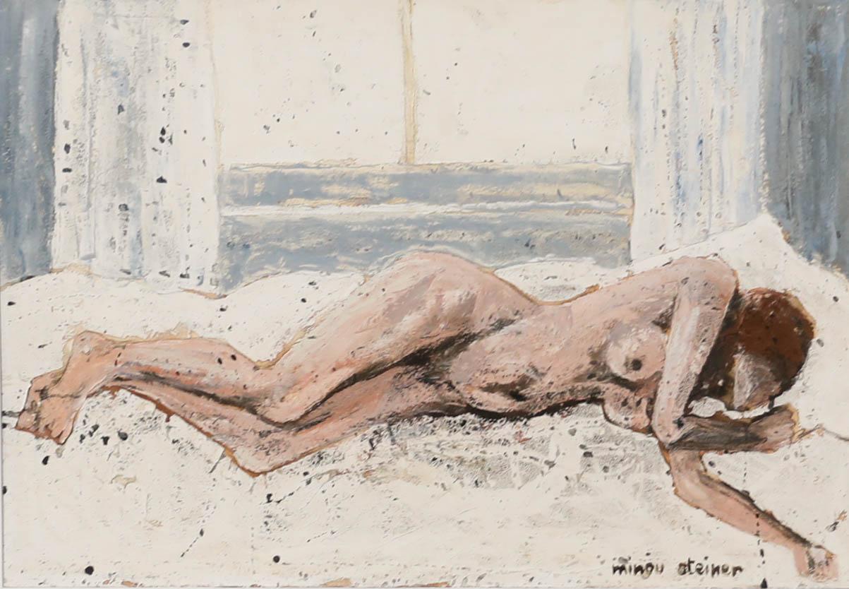 Dieses stimmungsvolle Gemälde zeigt eine nackte Figur, die an einem Fenster lehnt, hinter dem das Meer zu sehen ist. Die Künstlerin verwendet eine gedämpfte Farbpalette und einen lockeren Pinselstrich, um ein Gefühl von Intimität und Ruhe zu