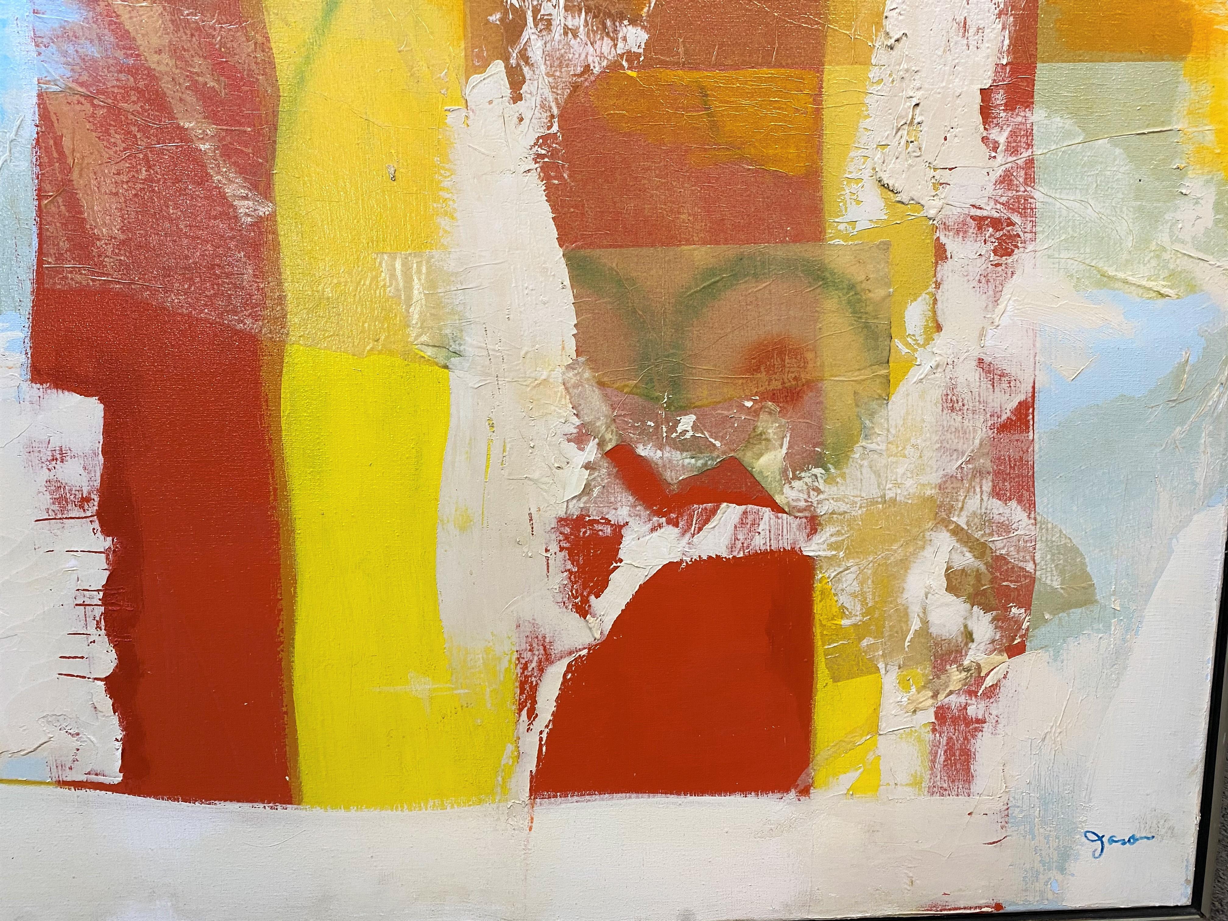 A fine mixed media abstract in yellows, reds, blues, and whites, acquired from a New York gallery. Oil and crepe or tissue paper on canvas, signed lower right “Jason,” and housed in a modern wooden frame with chrome highlight. Probably dates to the