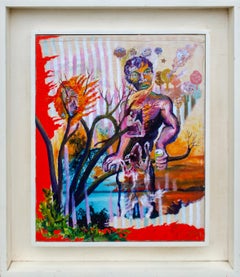 Mixed Media on Canvas Surreal Scene Folk Art