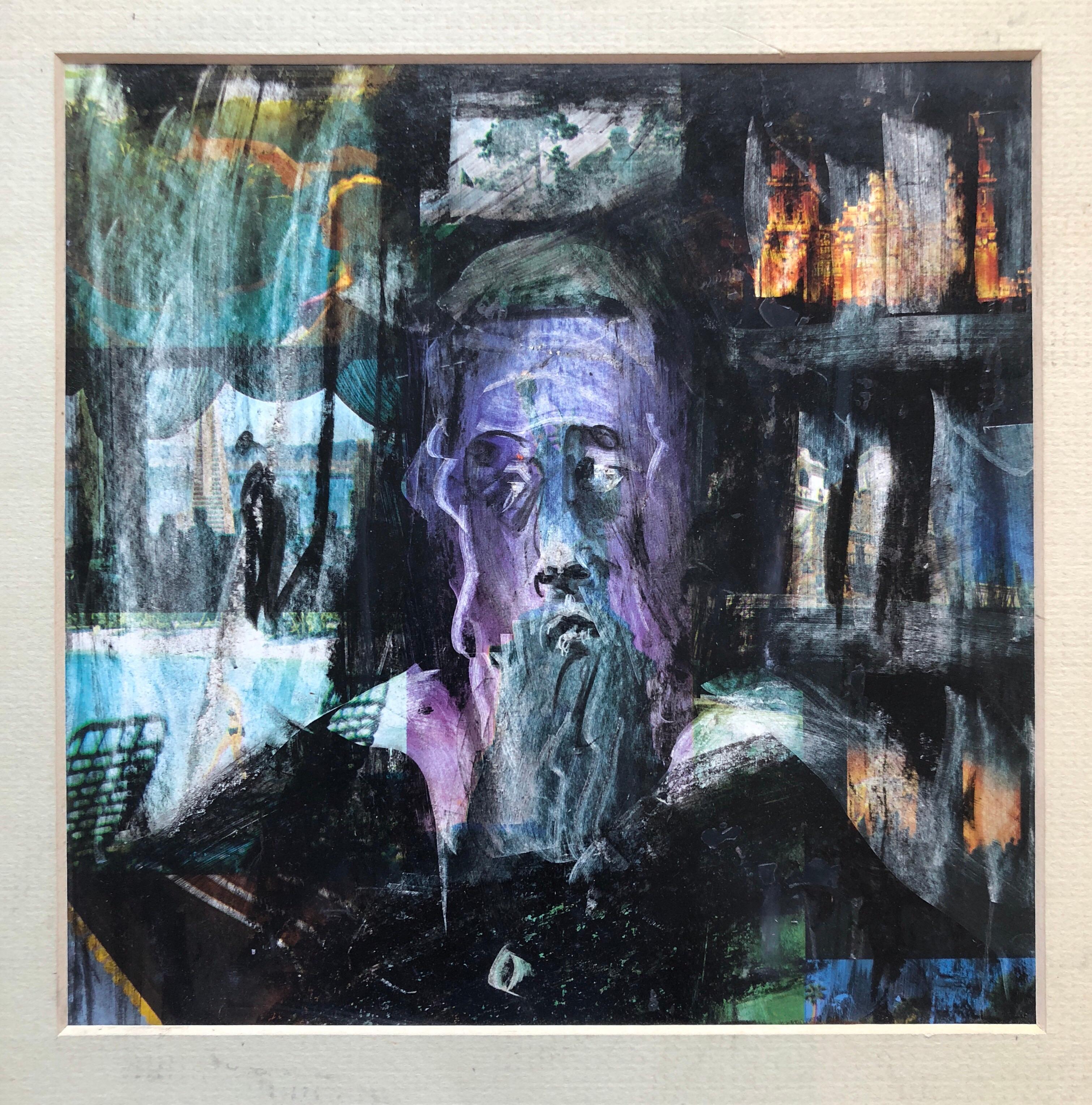 Rabbin moderniste Peinture mixte sur papier journal Spertus Museum Deaccession en vente 1