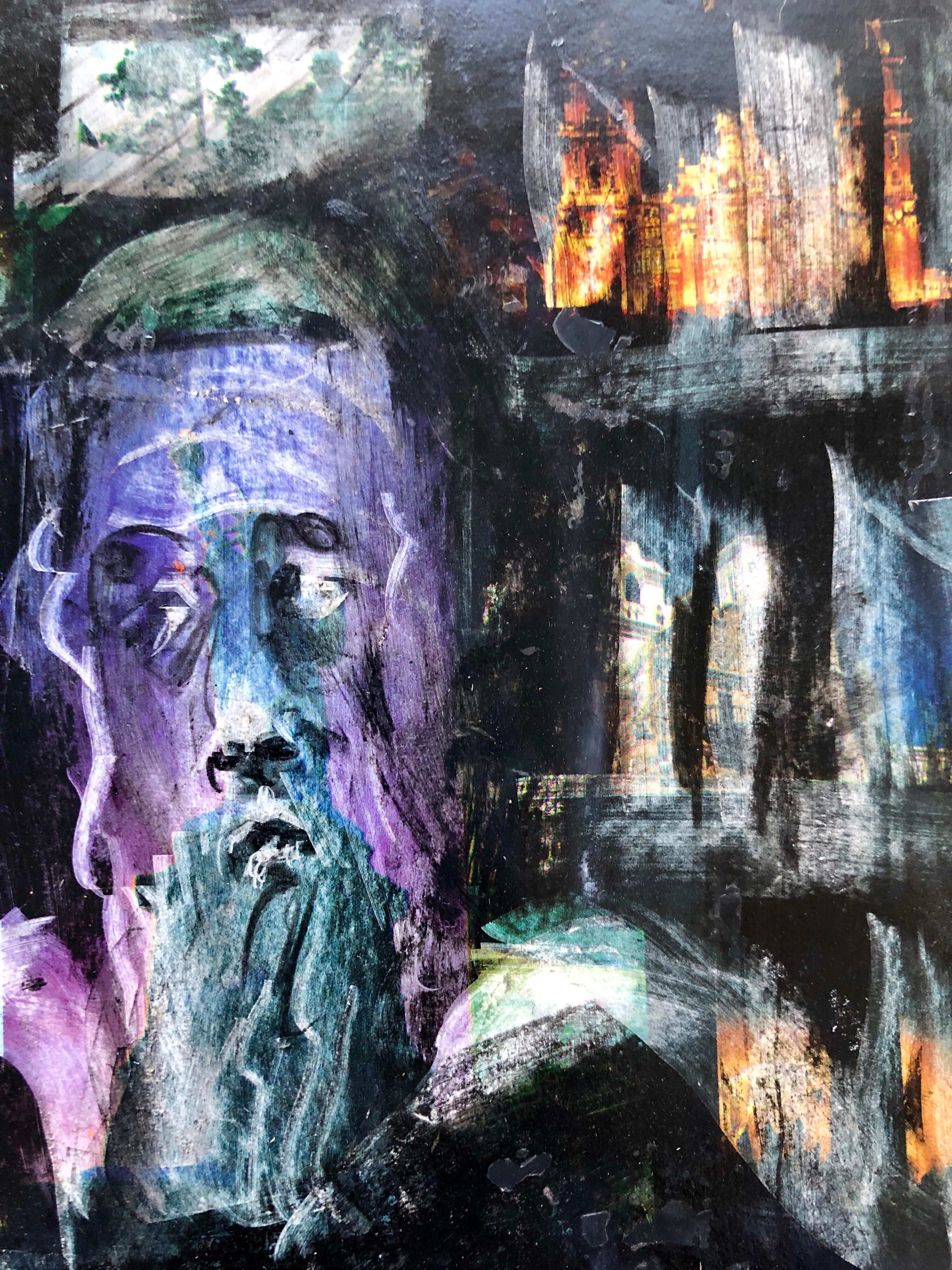 Rabbin moderniste Peinture mixte sur papier journal Spertus Museum Deaccession en vente 2