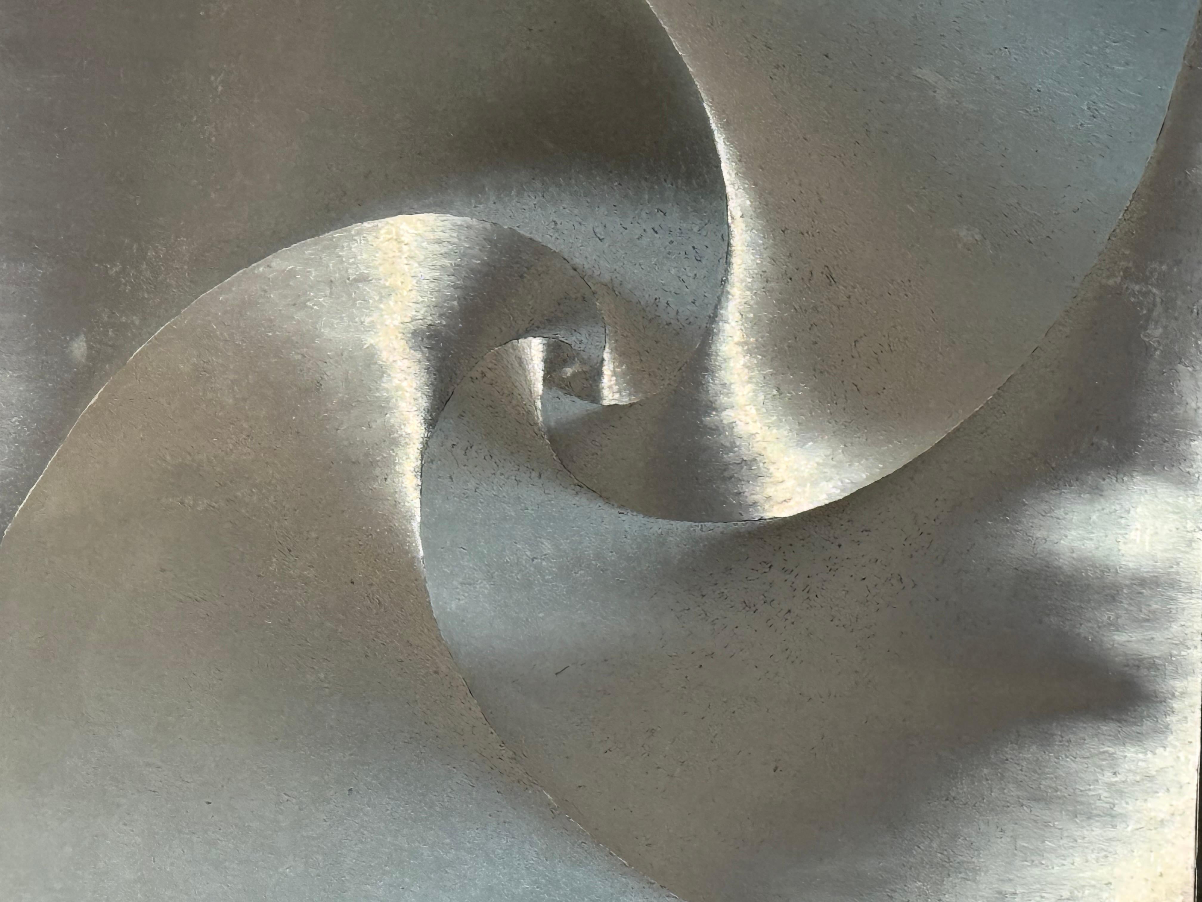 This abstract geometric relief in brushed aluminum embodies the spirit of late modernist design, balancing precision and movement through its rhythmic interplay of curved planes. The sculpted metallic surface folds inward toward a subtle vortex at