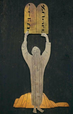 Moses with the Tablets of Law, Hebrew Calligraphy, Mexican Modernist Folk Art