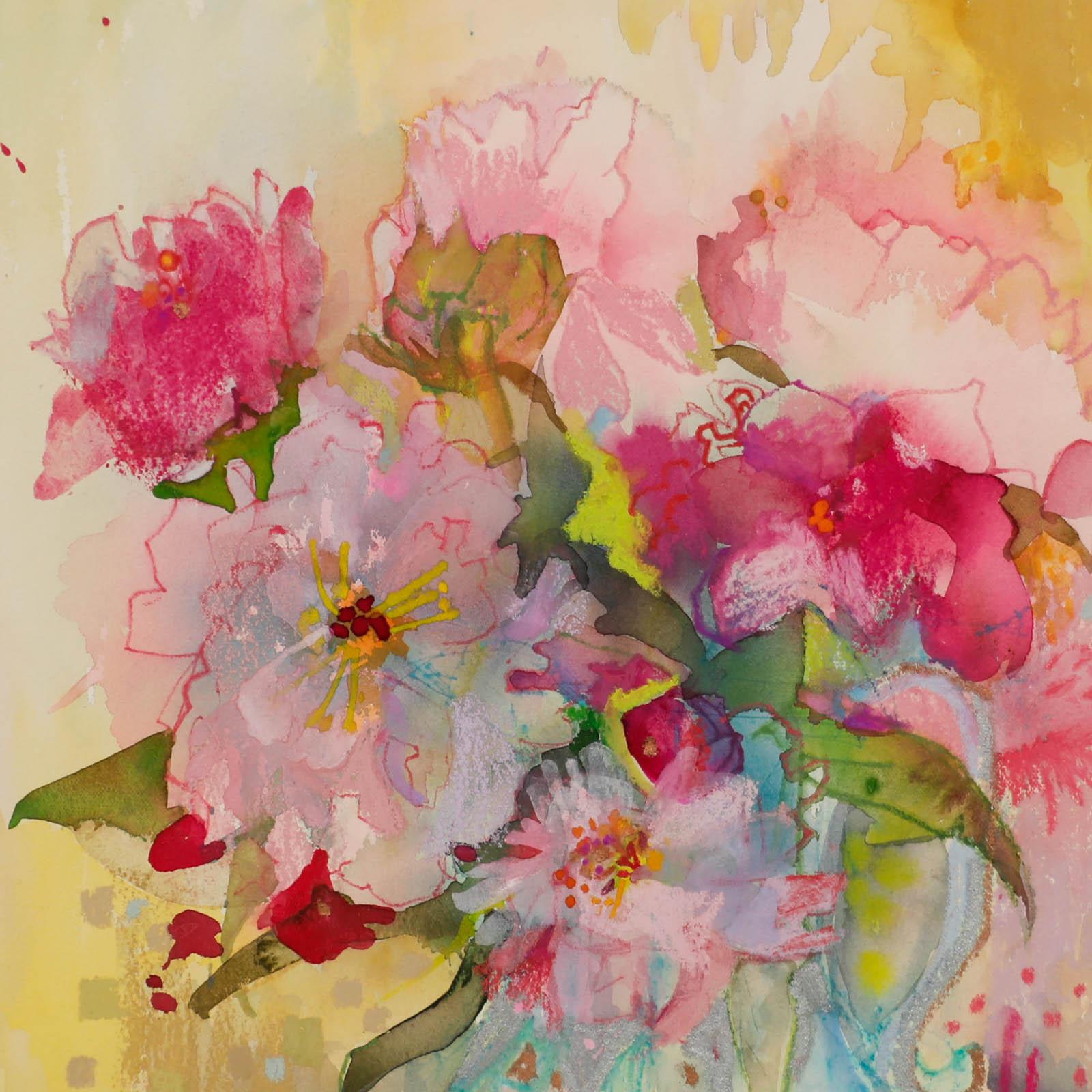 Nola Armstrong - Technique mixte du 20e siècle, fleurs roses en vente 2