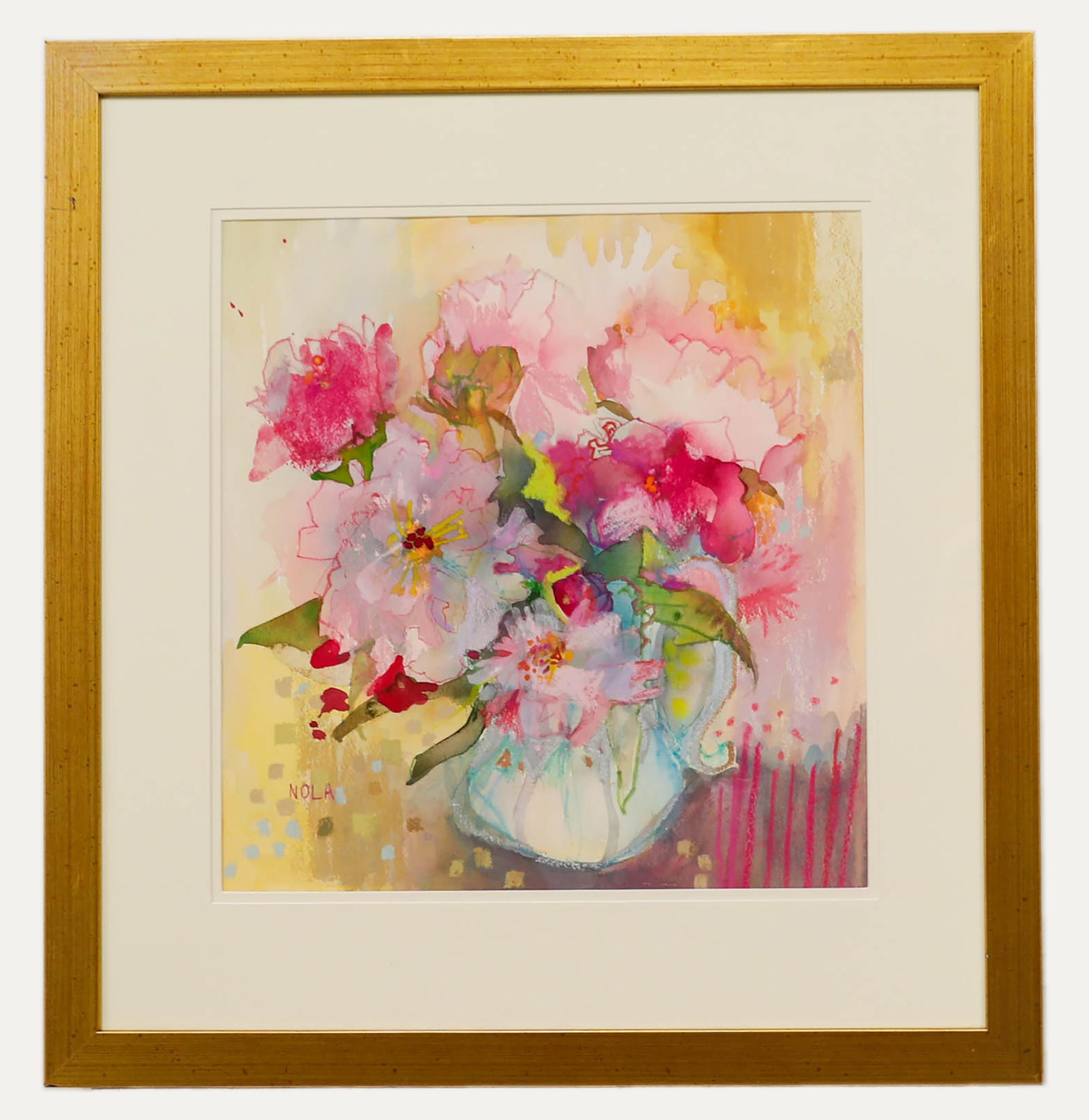 Nola Armstrong - Technique mixte du 20e siècle, fleurs roses - Mixed Media Art de Unknown