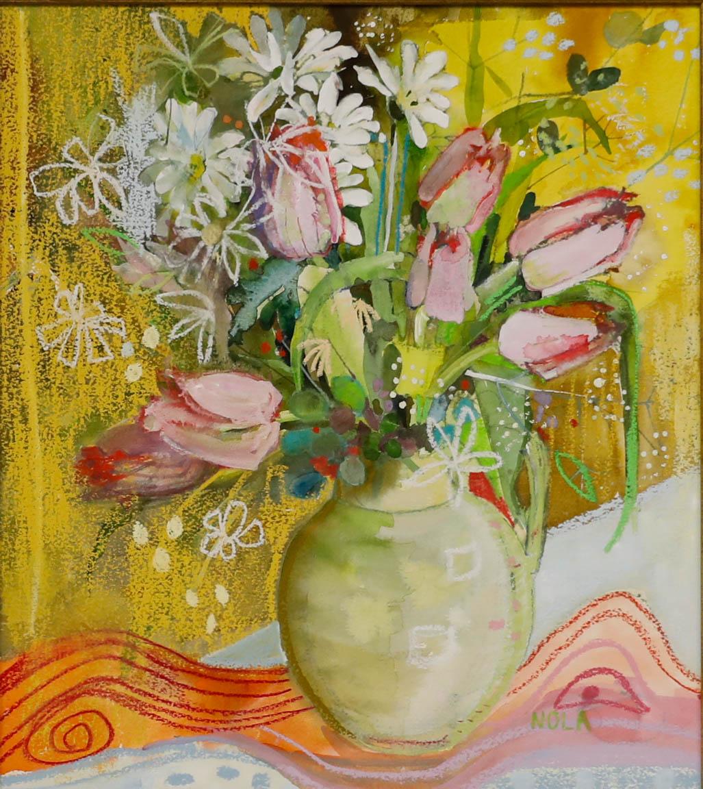 Avec de l'aquarelle et du pastel. Titre sur l'étiquette au verso. Présenté dans un cadre doré avec un feuillet doré. Sur le papier.