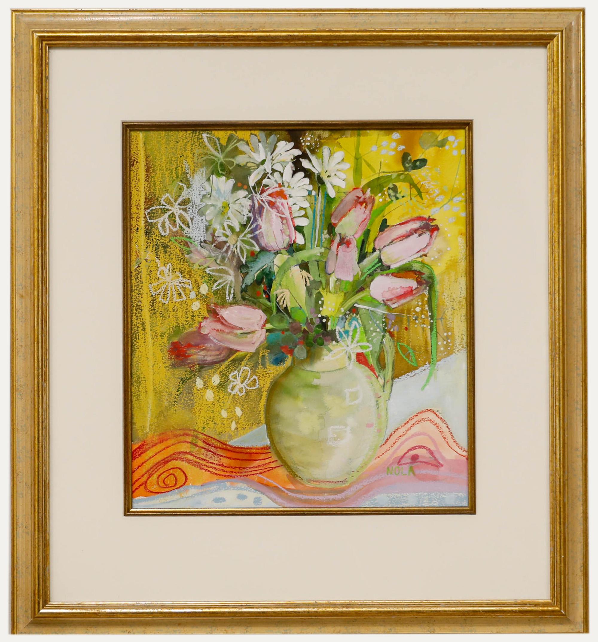 Nola Armstrong - 20e siècle, technique mixte, les tulipes roses - Mixed Media Art de Unknown