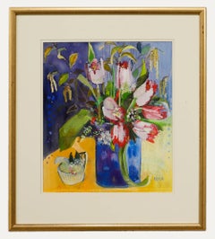 Nola Armstrong - 20th Century Mixed Media, Tulips in a Blue Jug