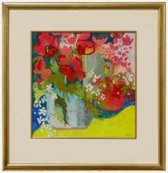 Nola Armstrong, technique mixte du 20e siècle, tissu jaune avec fleurs