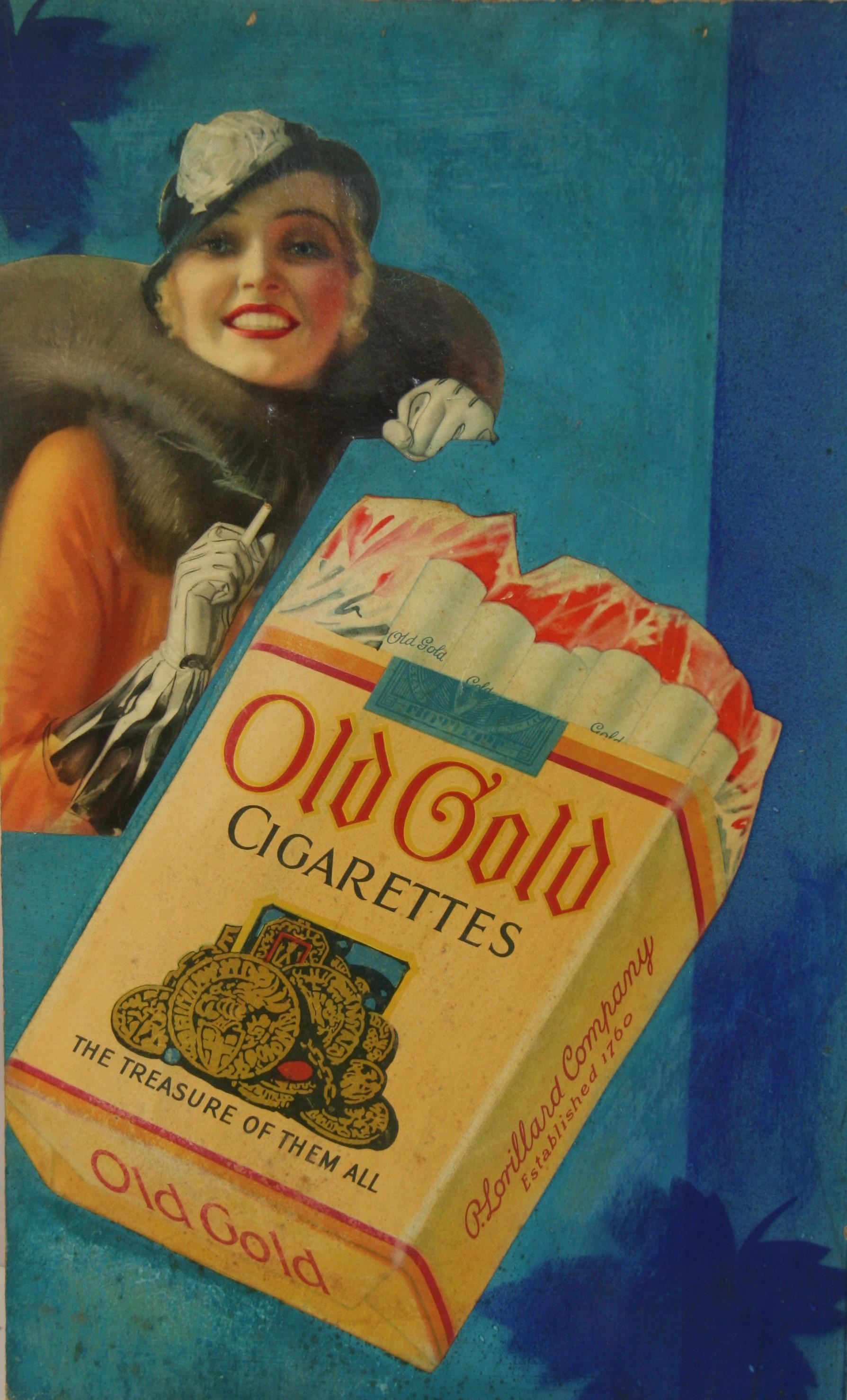 6036 Collage publicitario para una campaña publicitaria de 1956 de cigarrillos Old Gold 1956
Recortes de papel sobre un tablero azul pintado
La imagen del paquete de cigarrillos es de la 11ª Guerra Mundial