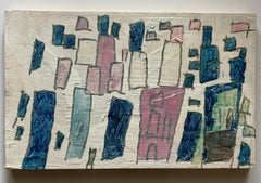 Retro Painting on Wood Board "Houses" Outsider Art