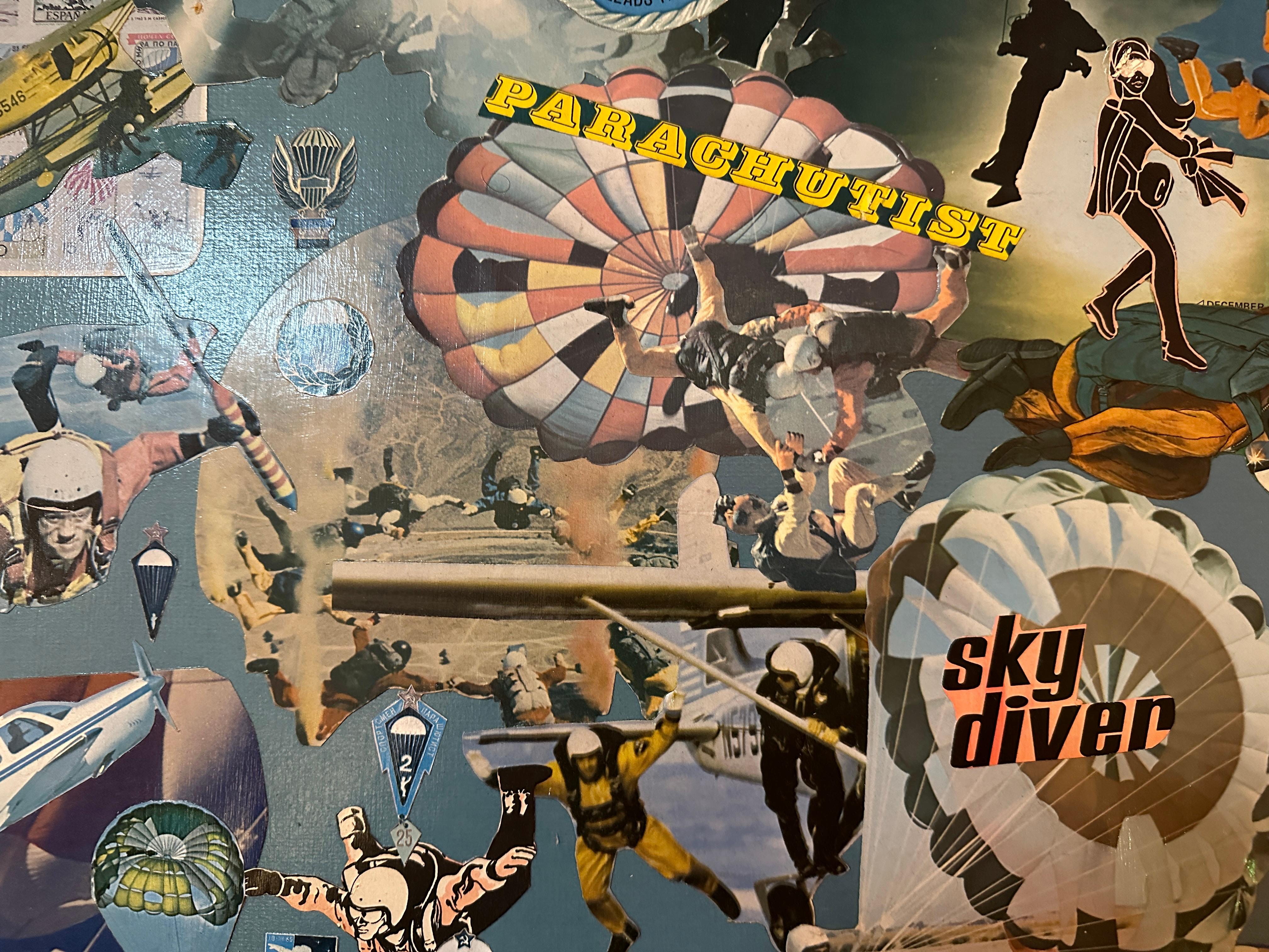This mixed media collage presents a dynamic composition built from layered cutouts of skydiving and parachuting imagery. Photographic fragments of figures in freefall, parachutes in mid-descent, and vintage aircraft are arranged across a sky-blue