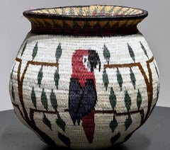 Parrot and Butterfly Basket, Wounaan Tribe, Panama, Rainforest, blue, red, white