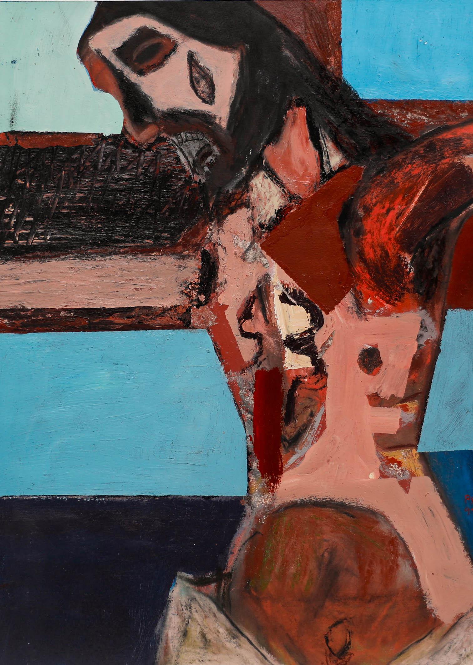 An original abstract work by Paul Sonnabend (b.1957), depicting the Crucifixion of Jesus. Captured in an array of expressive colour. Initialled to the lower right and dated 1999. On paper. 