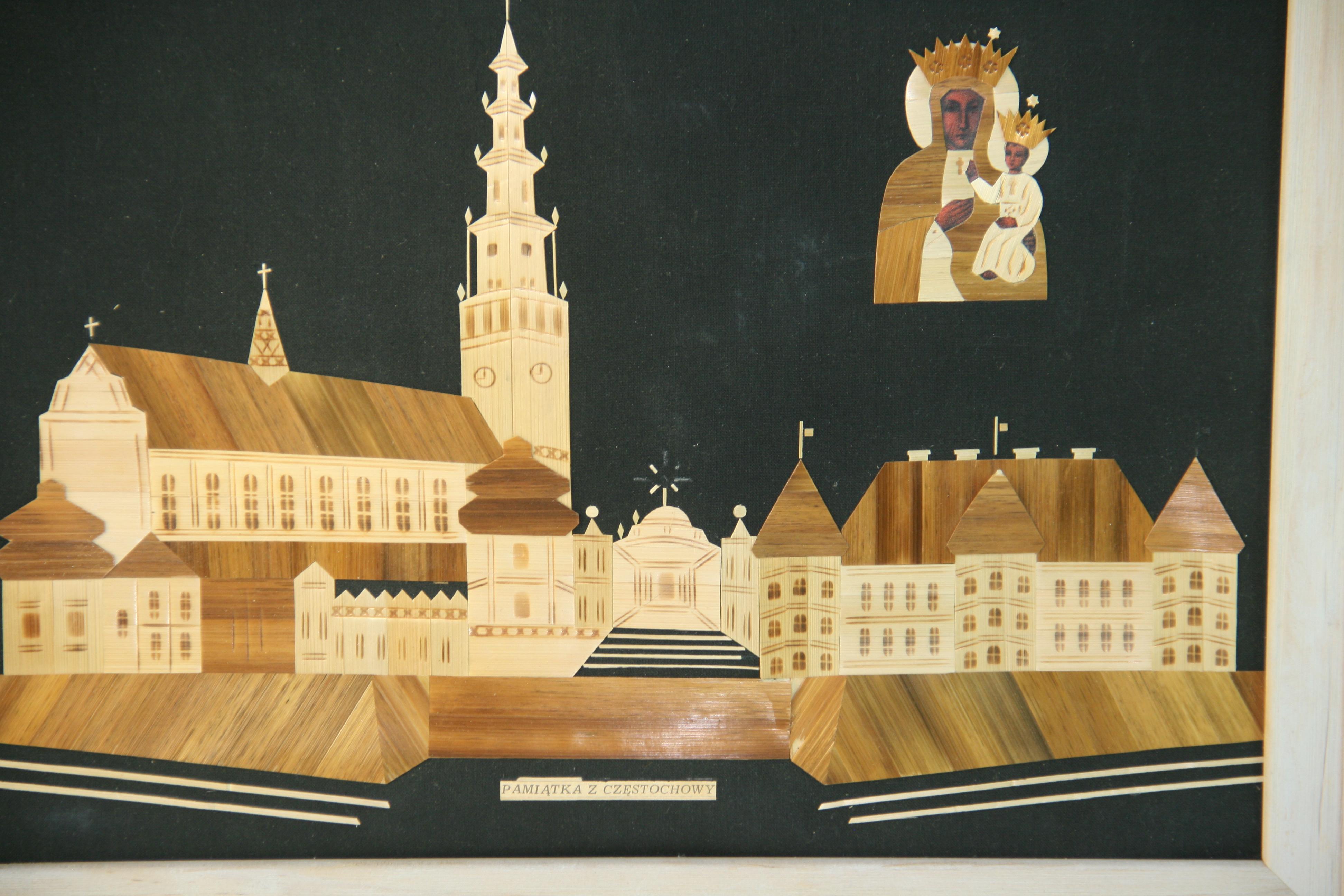 The Polish Church's Of the Black Madonna Wood Veneer Collage - Noir Landscape Painting par Unknown