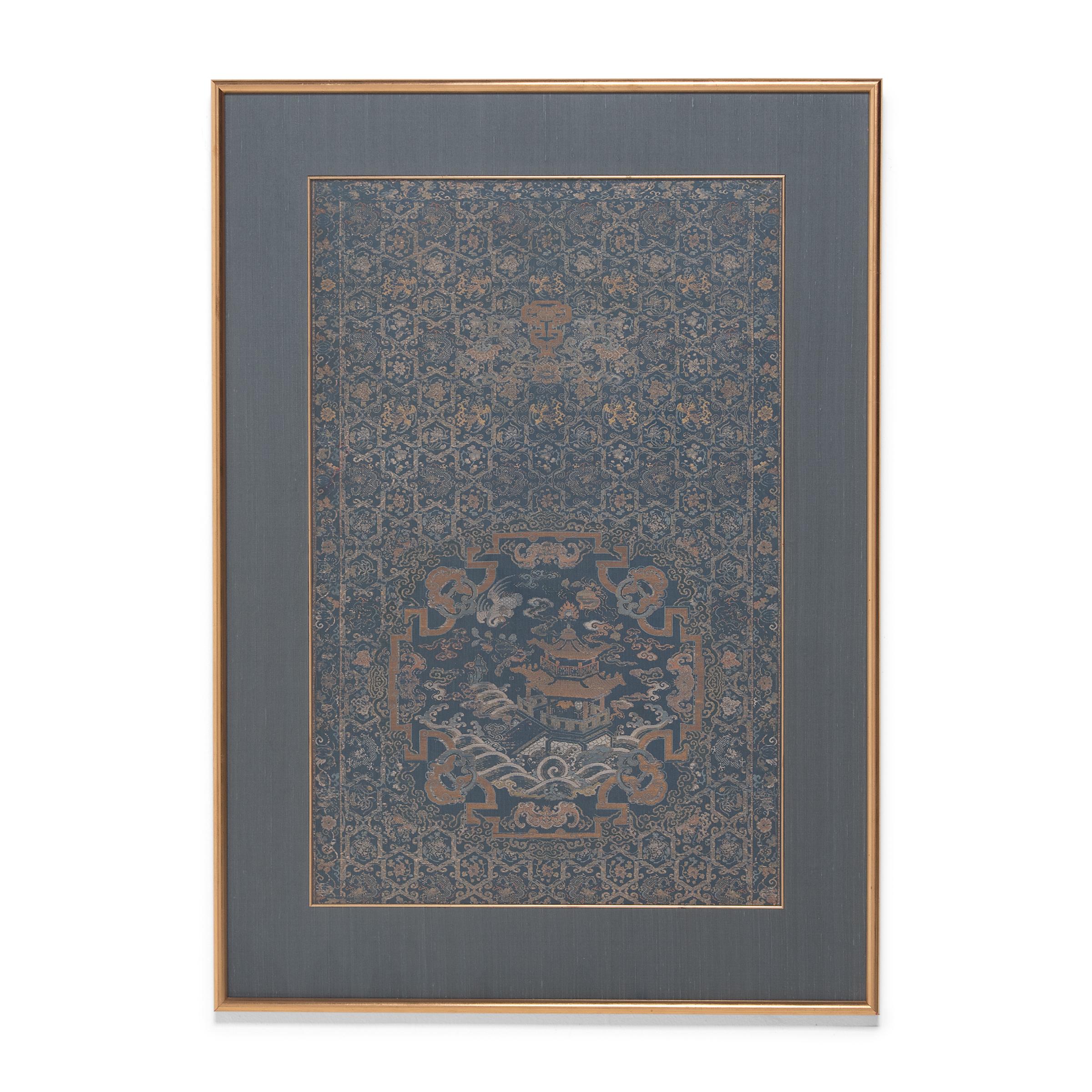Qing-Dynasty Silk Brocade Chair Panel with Pagoda & Crane