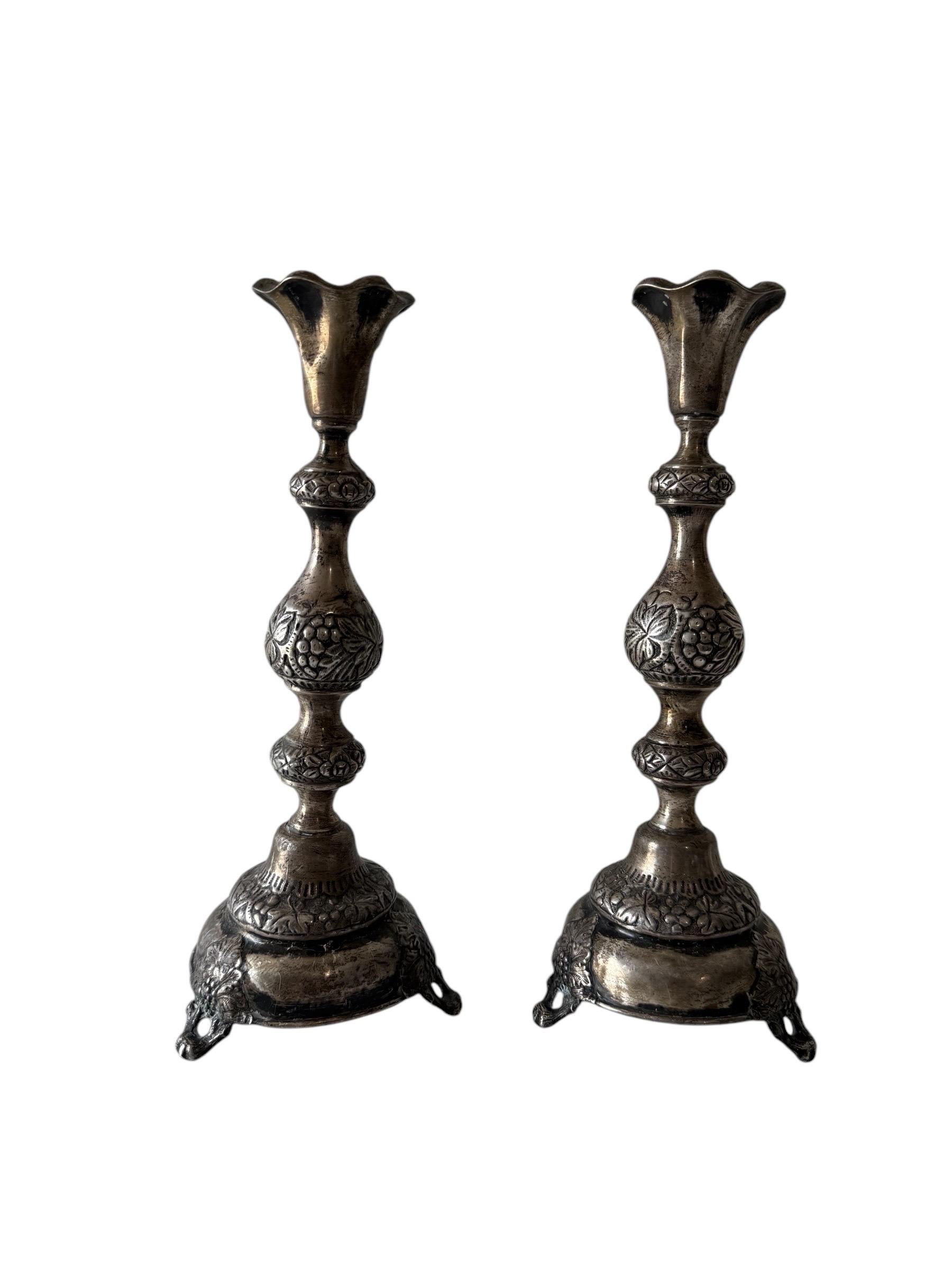 Seltene antike Silber Judaica Shabbat-Kerzenständer aus dem 19. Jahrhundert, polnisch-russisch, Szekman – Art von Unknown
