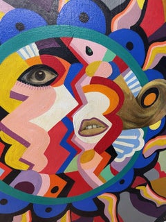 Rivivi gli anni '60! È l'ora dello spettacolo. Tecnica mista in blu, rosso e bianco