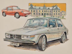 Saab Vintage Car - Antique Automotive Stamp Series Illustration