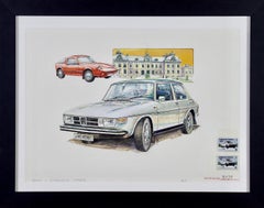 Saab Vintage Car - Antique Automotive Stamp Series Illustration
