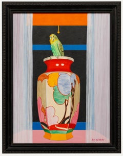 Sally Ducksbury (1934-2015) - Framed Mixed Media, Parakeet on Clarice Cliff Vase